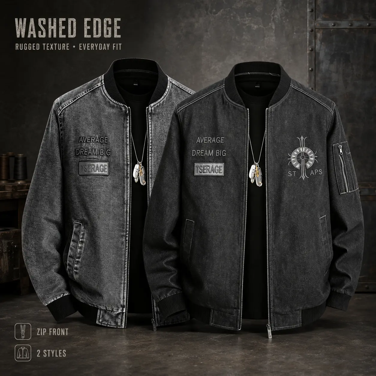 Men's Washed Denim Baseball Jacket Embroidered Zip Up Vintage Street Bomber Outerwear