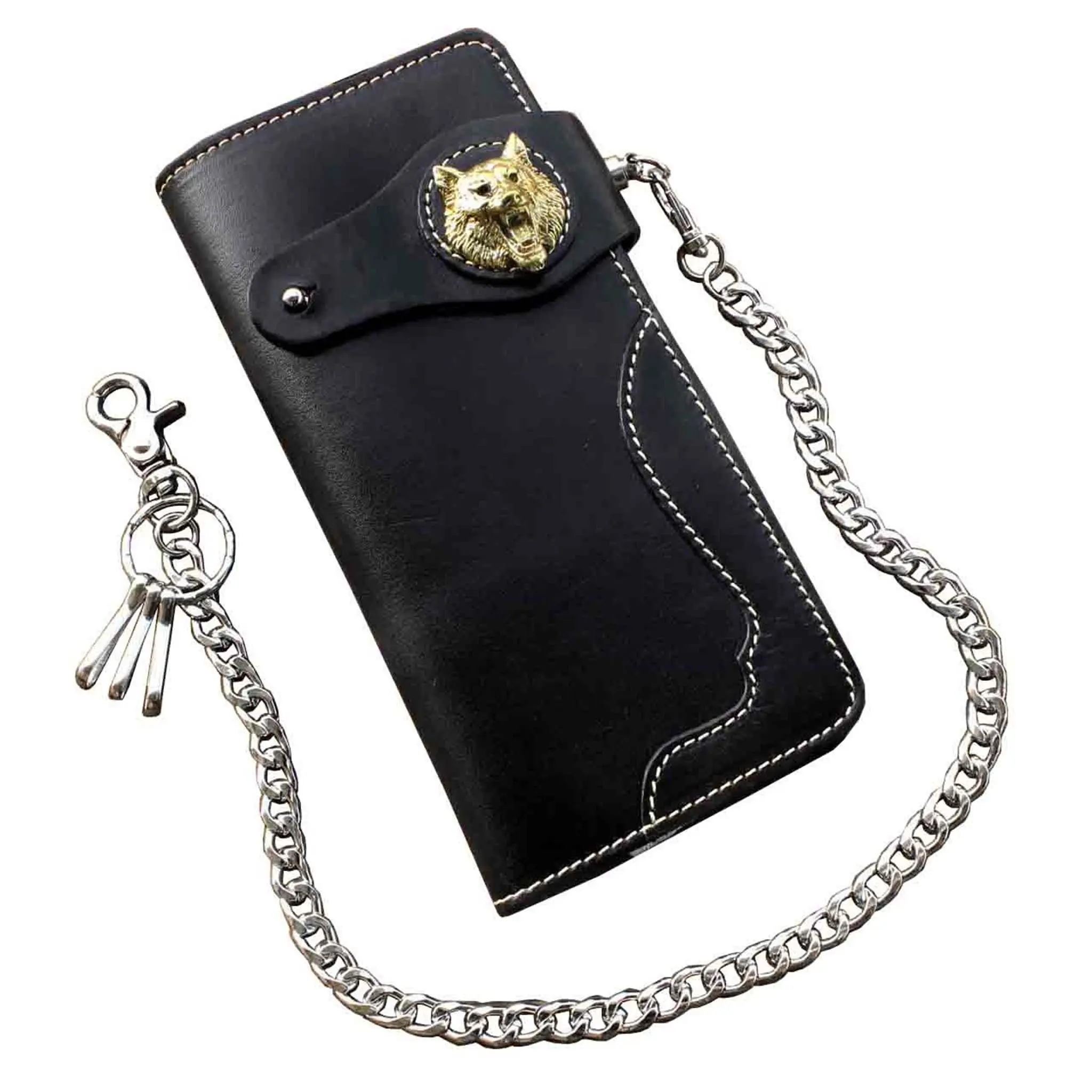 Mens Wolf Gothic Leather Long Wallet With Chain Card Holder Coin Purse