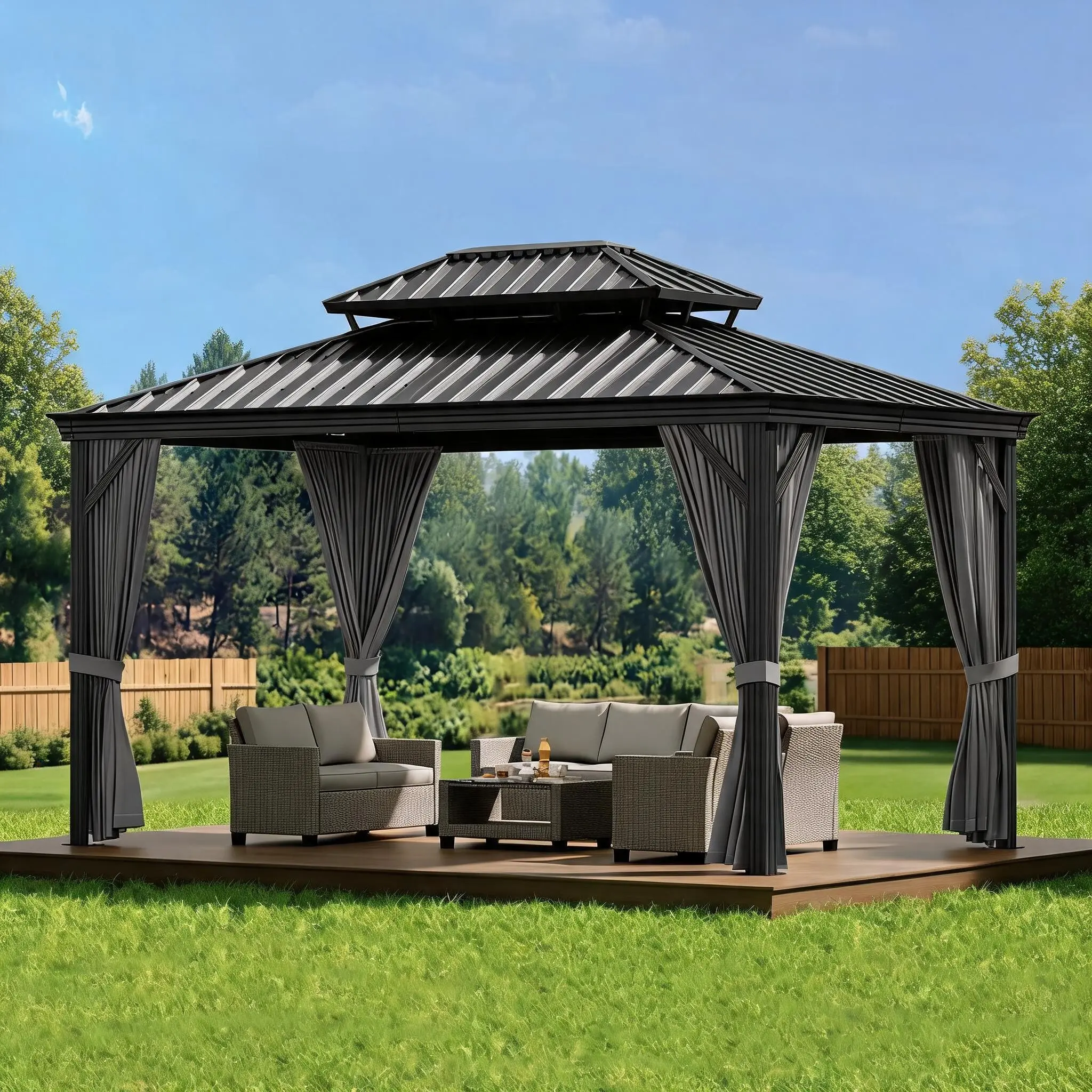 12x10 ft Rectangular Hardtop Gazebo Shelter, Double Polycarbonate Hardtop Roof, Aluminum Frame Outdoor Pavilion with Curtains & Mesh, UV Protection, Weather-Resistant, 12X10 Feet