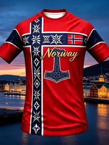 2026 Summer New Norwegian Men's Football T-Shirt, European Style Casual Fashion Print, Loose-Fit Short Sleeve Top, Breathable Streetwear