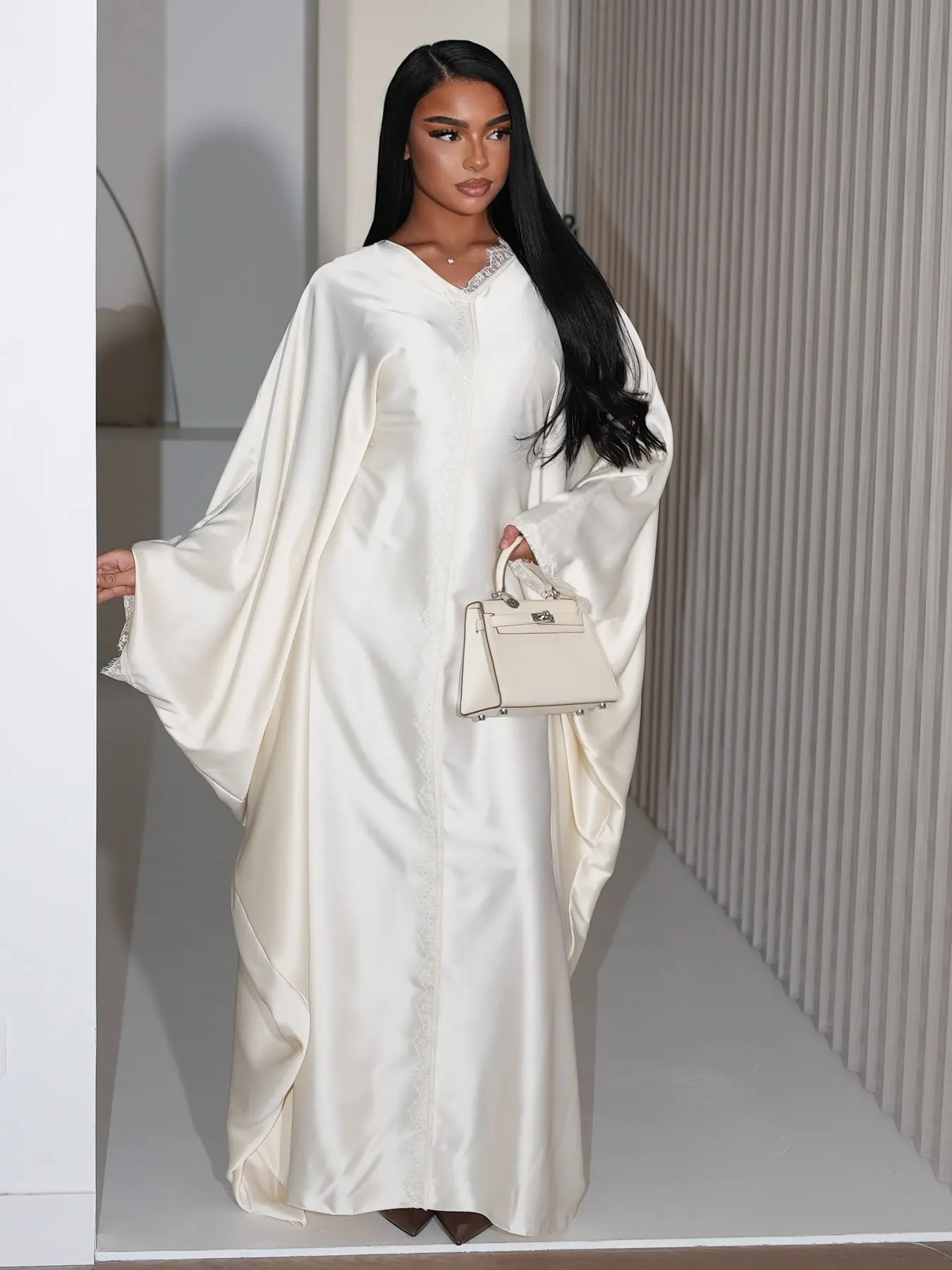 Muslim Shiny Satin Batwing Sleeve Open Front Robe Lace Patchwork Dress, Dubai Luxury Party Style Muslim Fitted Shimmery Lustrous Islamic Abaya Dress, No Headscarf Included