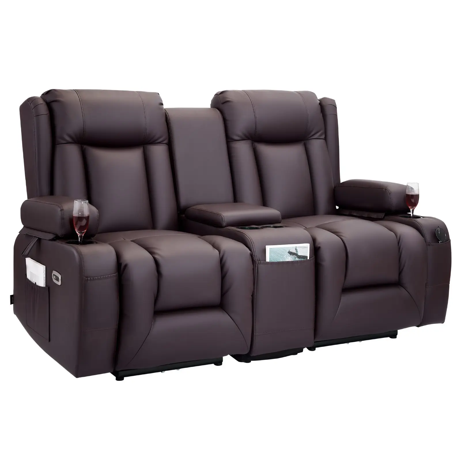 VEVOR Power Reclining Loveseat Sofa, PU Leather Couch with Heating-Massage Timer, Armrest Center Console, USB Ports, Cup Holders, Side Bags, 140° Position, 160x166.5x83 cm (63.0x65.55x32.6 in), 173.3 lbs for Living Room