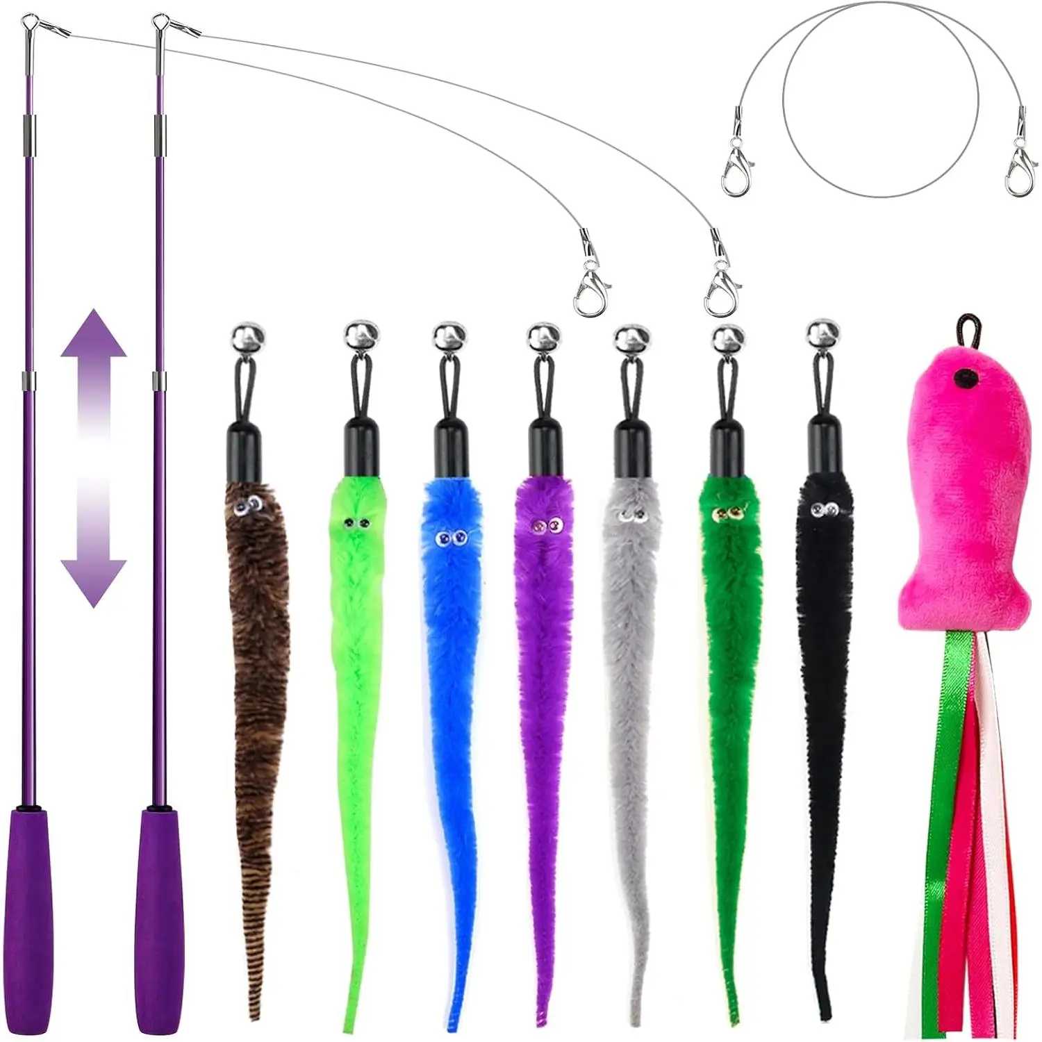 Toys for Indoor Cats, 11 count Interactive   Wand Pack, 2 Retractable  Wand & 7 count Worm Teaser Refills, Plush Fish Kitten Toys,   Fishing Pole  for Play Chase Exercise