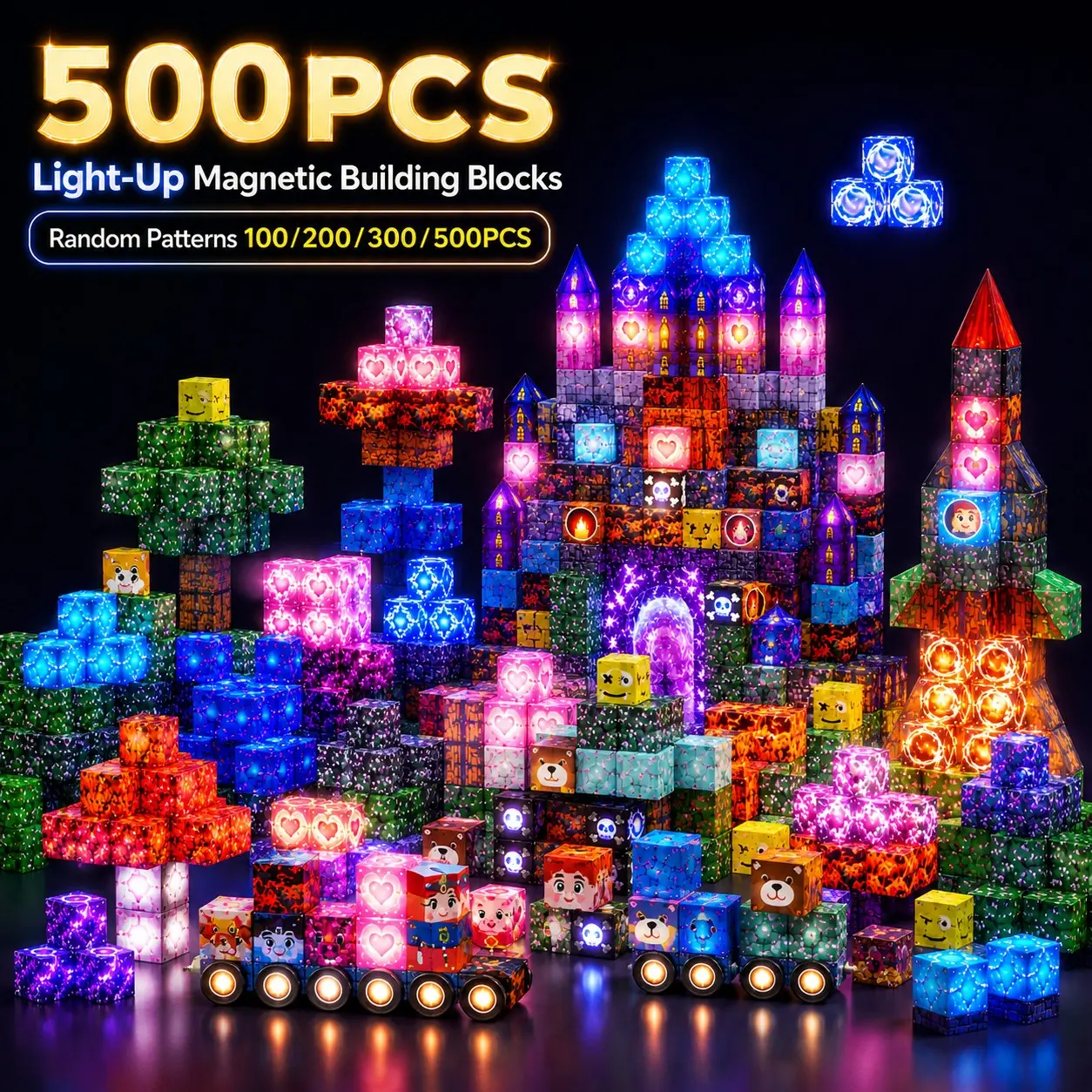 100/200PCS Light-Up Magnetic Building Blocks with Magnets, Building Block Sets, 3D LED Magnetic Cubes Set, STEM Montessori Sensory Stacking Construction Toy, Creative Educational Building Set for Kids Age 3+, Birthday Christmas Gift for Boys & Girls