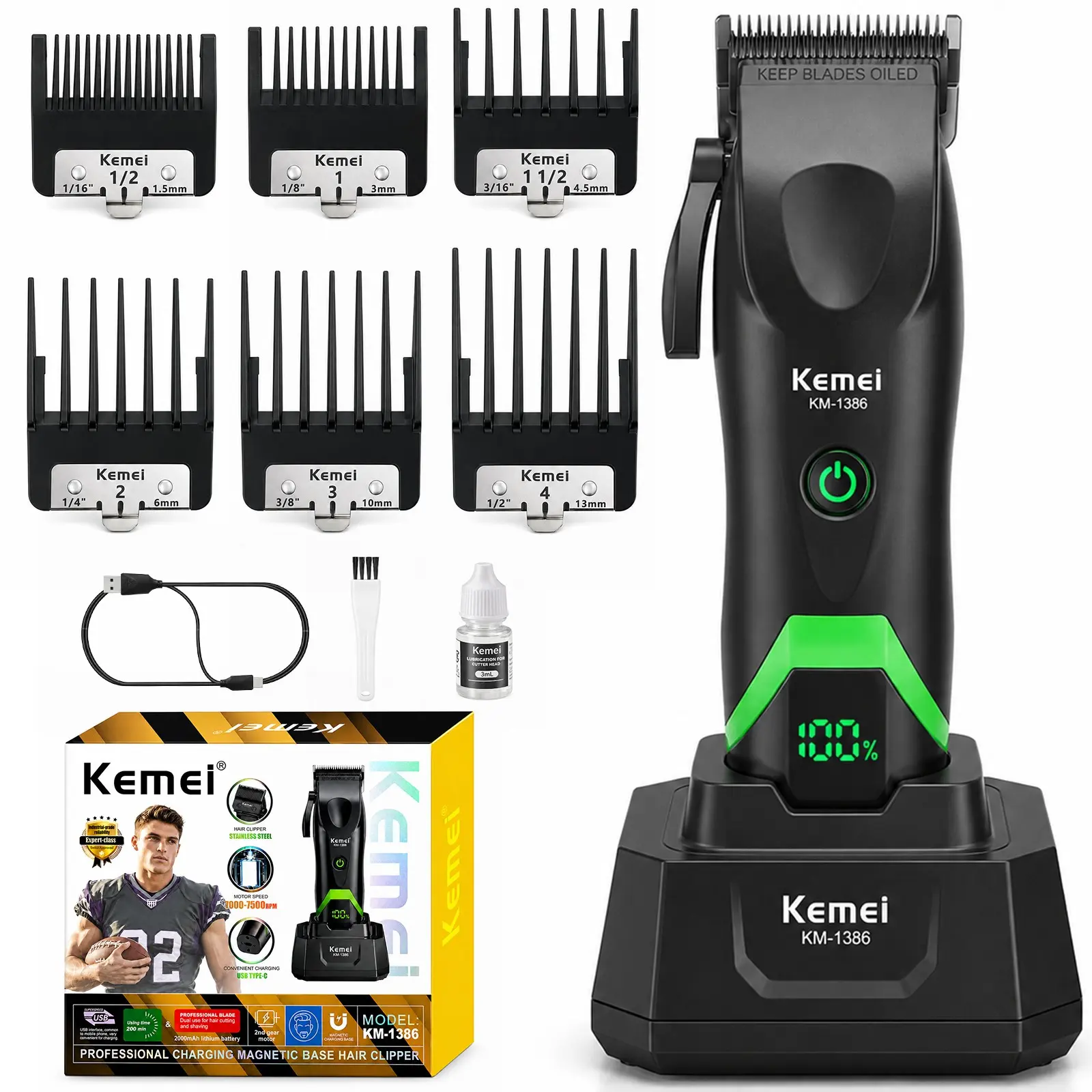 Kemei Km-1386 Professional Cordless Men's Hair Clipper, Rechargeable Trimmer with LED Battery Display, Home Grooming Kit