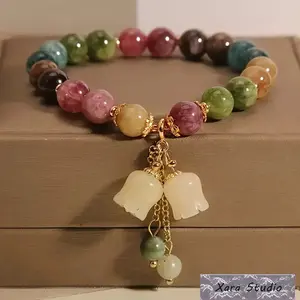 Bohemian Tourmaline & Orchid Beaded Bracelet, Handmade Natural Stone Charm Jewelry for Women, Boho Crystal Bracelet, Luxury Friendship & Valentine Gift, Everyday Fashion Accessory, Meaningful Jewelry