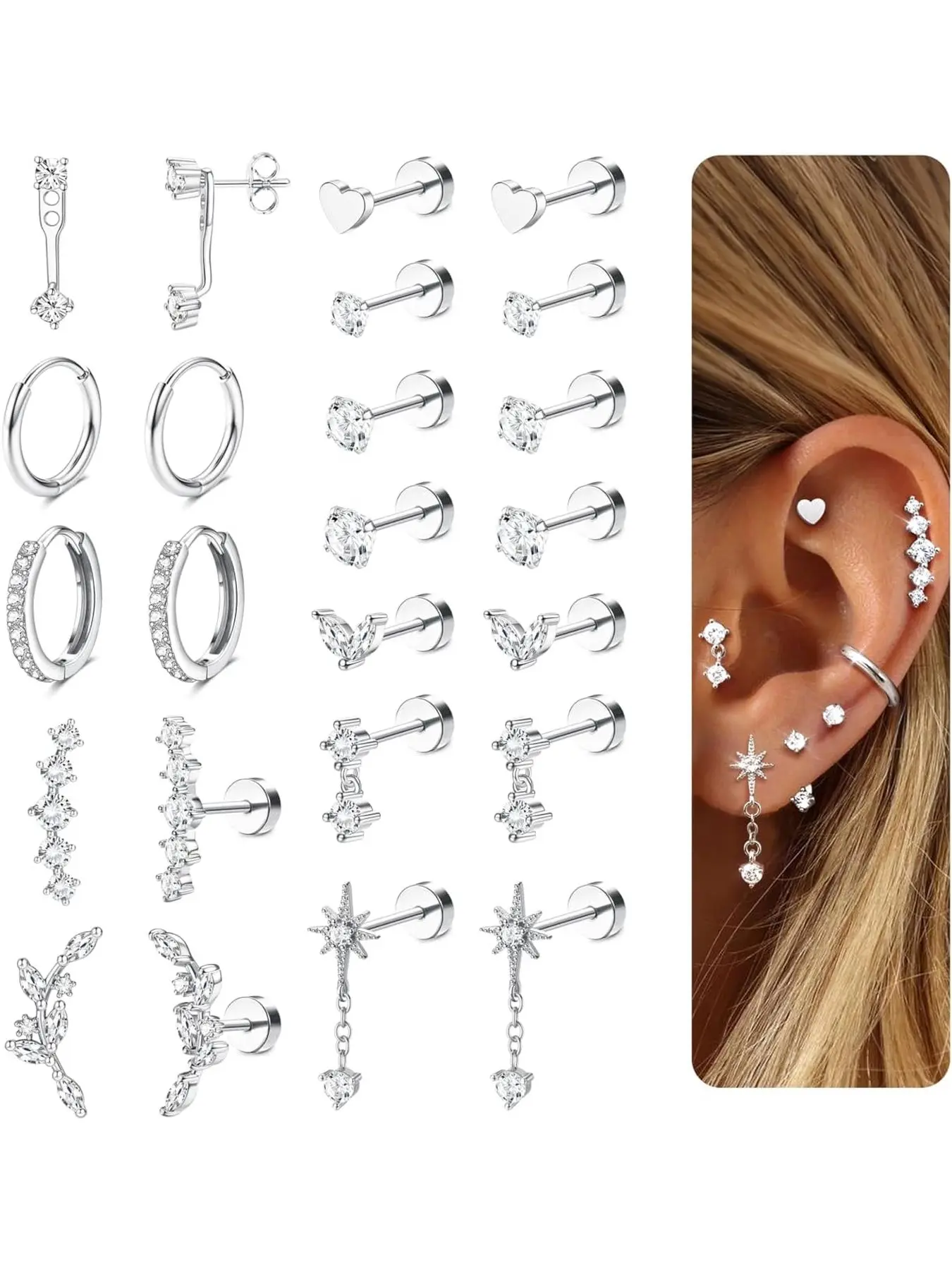 Hypoallergenic Flat Back Earrings-Cartilage Earring Stacks-Surgical Steel Earrings for Sensitive Ears - Small Stainless Steel Flatback Stud Hoop Earring Sets for Helix Tragus Conch Daith Multiple Piercing Jewelry Trendy Dainty Earrings Set