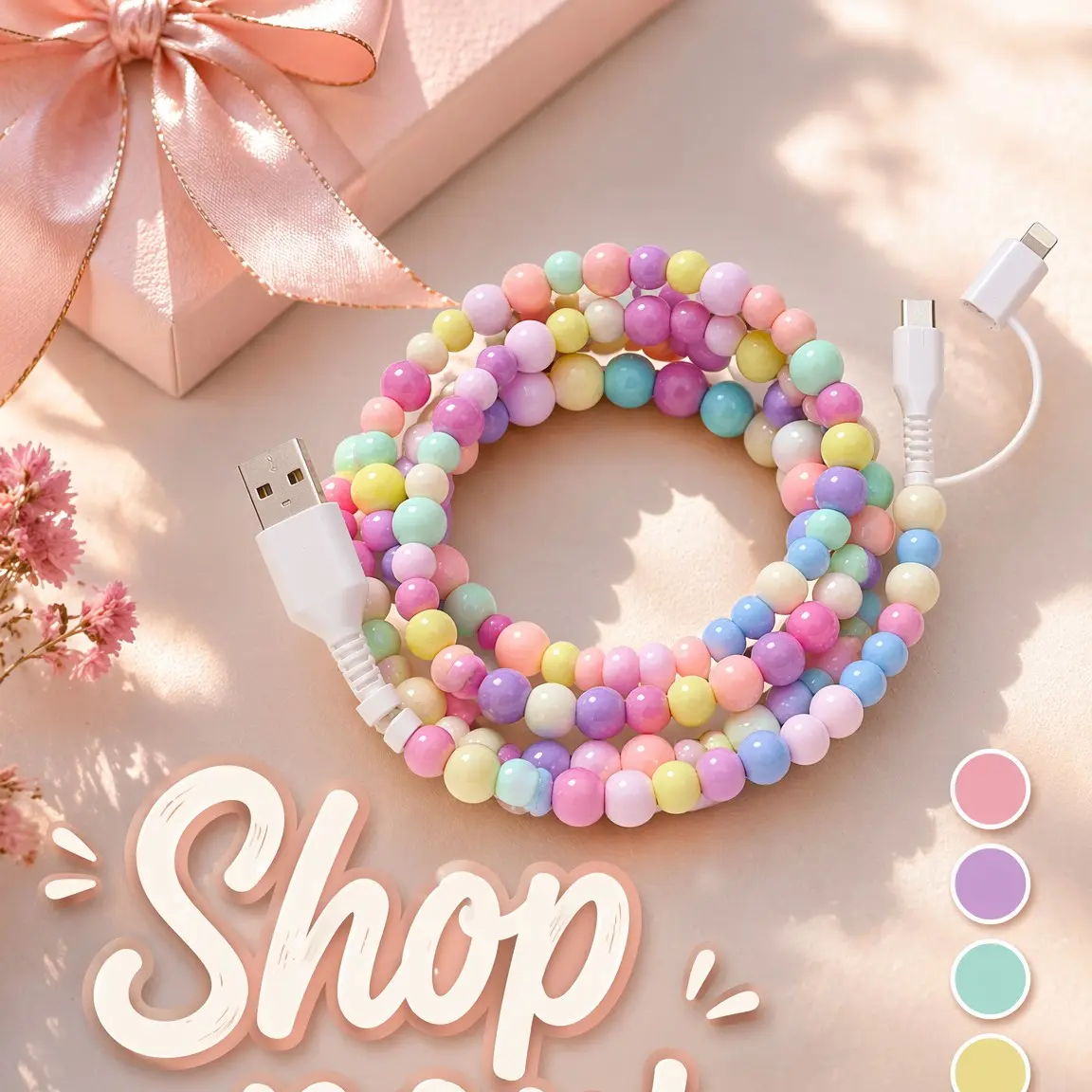 Pearl-Decorated Aesthetic Charging Cable - Compatible with all devices USB-C and Lightning interfaces 2-in-1 data cable, 3.3 feet in length, ideal for women for charging, available in multiple colors, Holiday gifts, Christmas gifts
