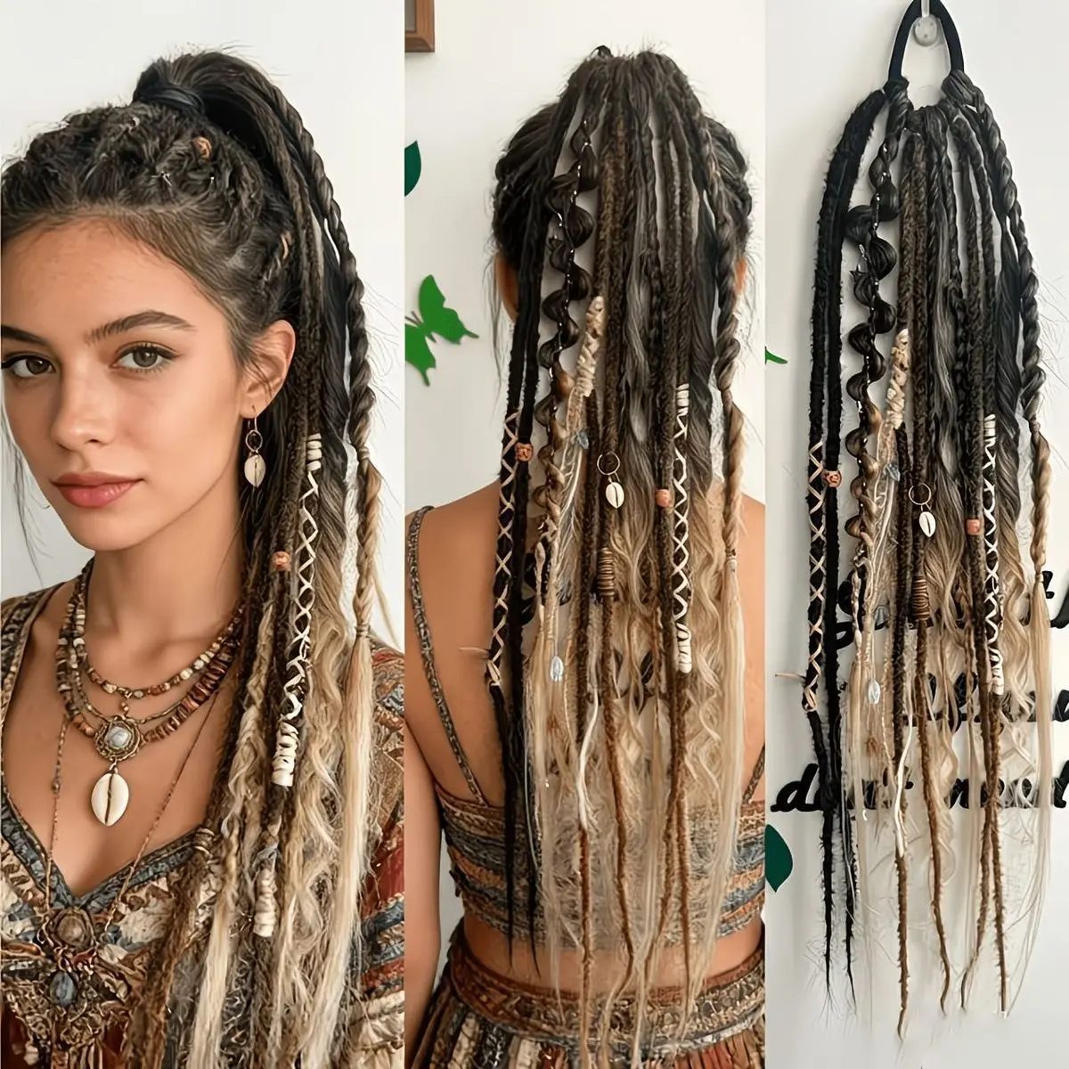 Braided Ponytail Extension for Women, 24 Inch Bohemian Wasteland Style Synthetic Hair Braid, Trendy Long Hand-Braided Boho Hairpiece for Daily Festival Party Wear