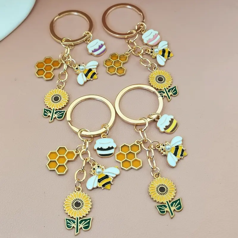 Geometric Sunflower Honeycomb Bee Costume Keychain - Zinc Alloy, Oil Drop Design Cute Fashion Accessory for Men, Bee Costume Keychains