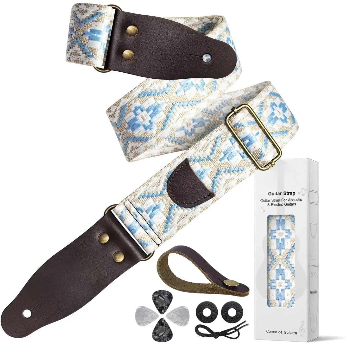 Jacquard Embroidered Guitar Strap, Genuine Cowhide Leather Ends, Adjustable for Bass Electric Acoustic