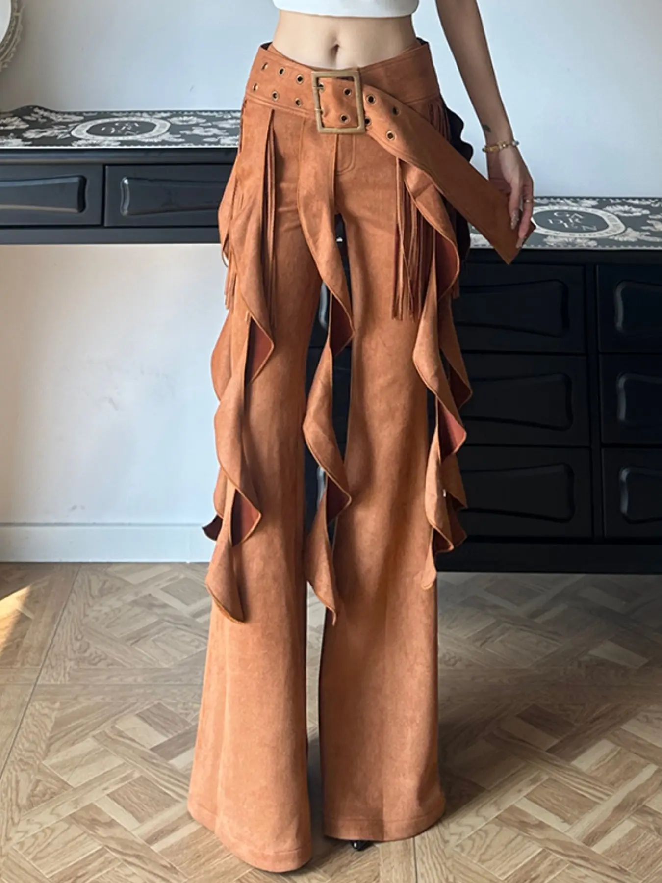 Women's Slim Fit Bell Bottom Pants, High Waist Suede Flare Trousers, Removable Tassel Belt, Casual Streetwear, Spring & Fall