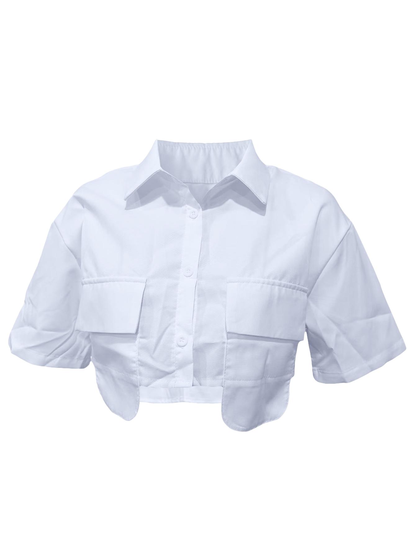 Women's Plain Flap Pocket Button Front Crop Shirt, Casual Fashion Shirt, Casual Short Sleeve Collared Top for Daily Wear, Ladies Clothes for All Seasons