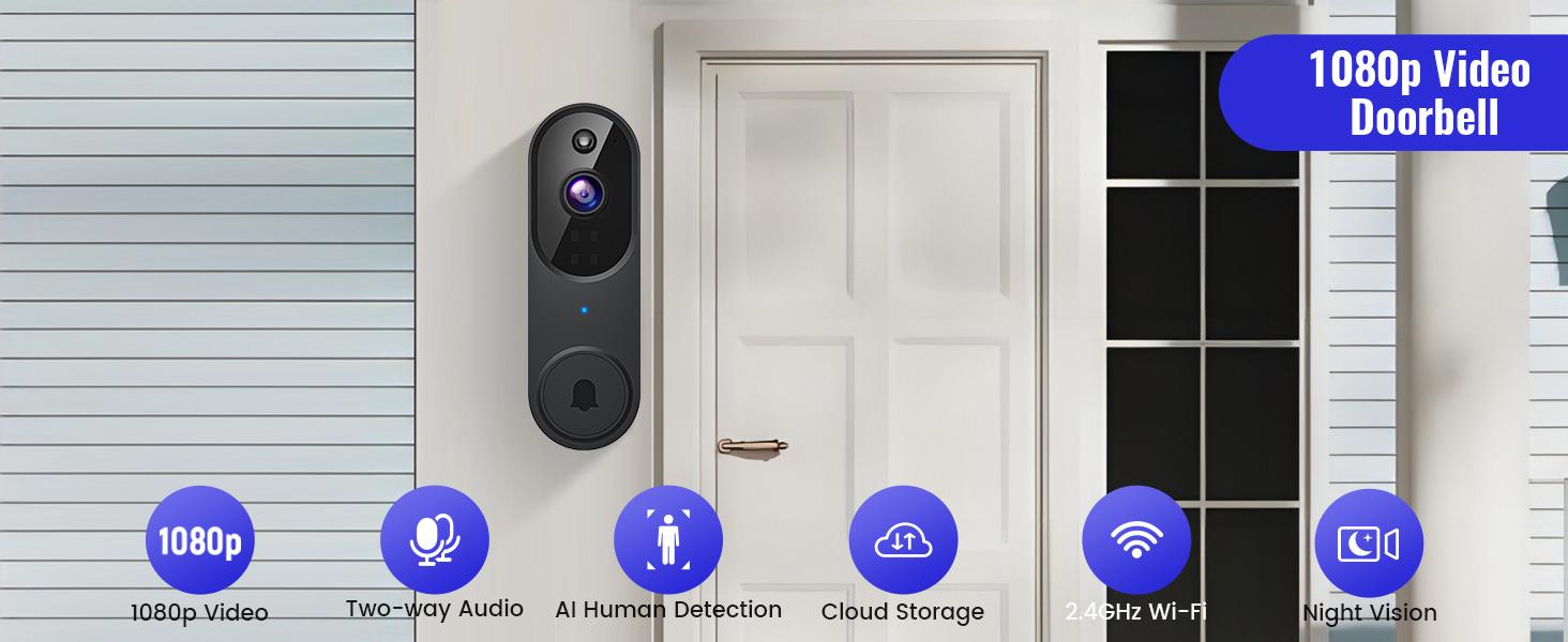 1080P Wireless Video Doorbell Camera, Night Vision, Cloud Storage (Sold Separately), 2.4GHz Wi-Fi Only, AI Human Detection, Real-Time Alert, 2-Way Audio, Battery 1080P Wireless Video Doorbell Camera, Night Vision, Cloud Storage (Sold Separately), 2.4GHz Wi-Fi Only, AI Human Detection, Real-Time Alert, 2-Way Audio, Battery
