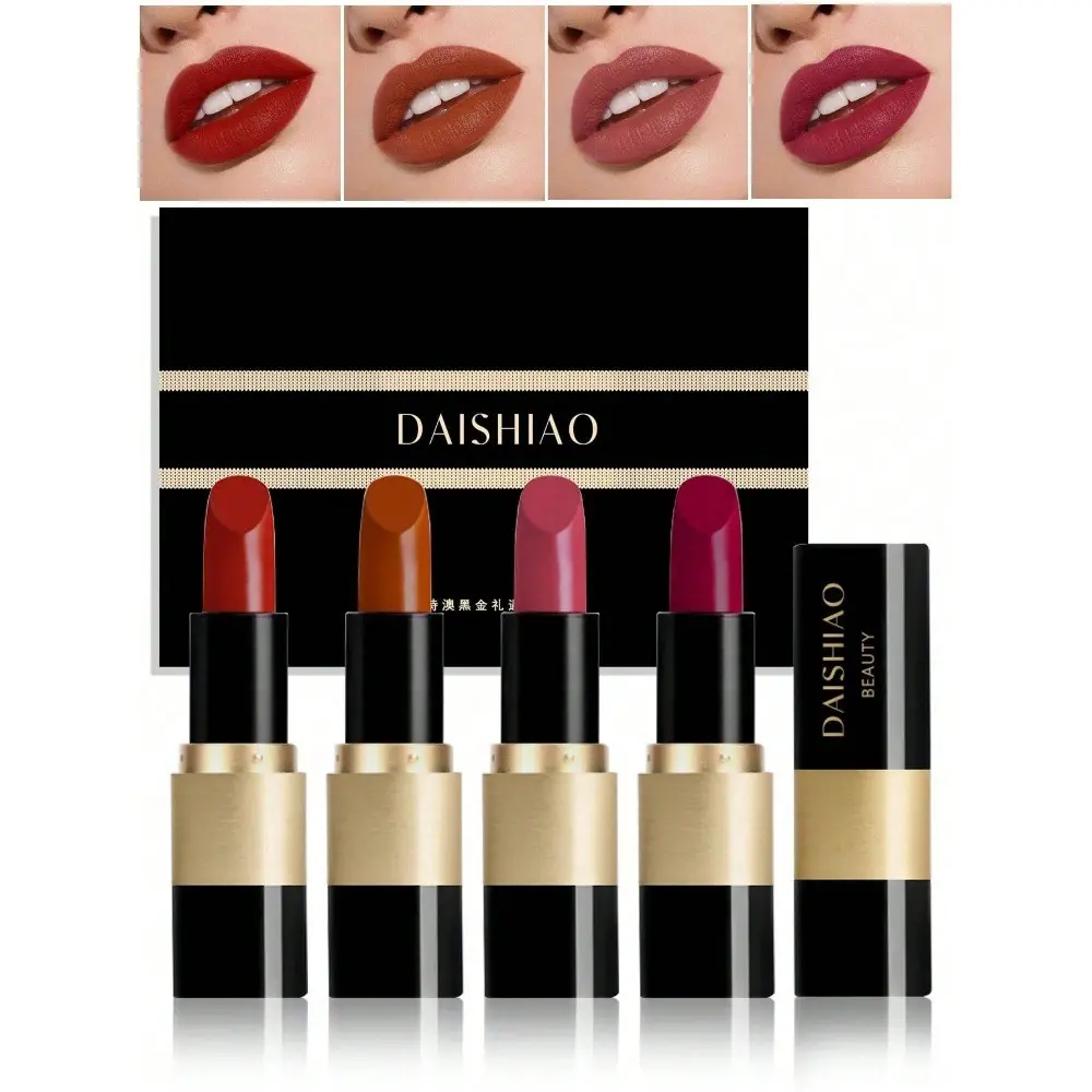 4-Piece Long-Lasting Matte Lipstick Set, Gold Valentine's Gift, Nude Shades, Lightweight Colorful, Non-Sticky Cream Matte Makeup Series, Cosmetic