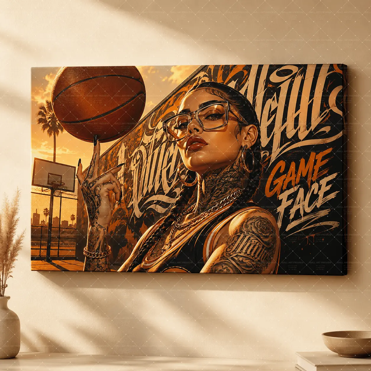 "Game Face" Chicano Basketball Canvas Wall Art, Sunset Tattoo Woman Print, Urban LA Streetwear Aesthetic, Living Room Bedroom Office Decor, Sports Statement Poster Gift,wall decor,poster.