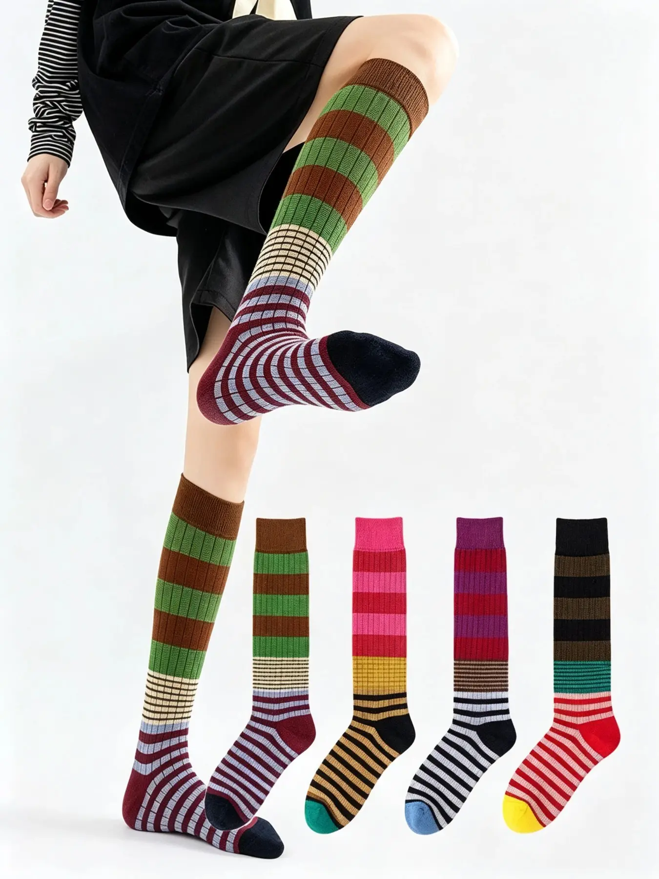 4 Pairs Creative Print Striped Rainbow Colorful Ankle Socks for Women, Fun Retro Style, Comfortable Breathable Soft Casual, All Seasons