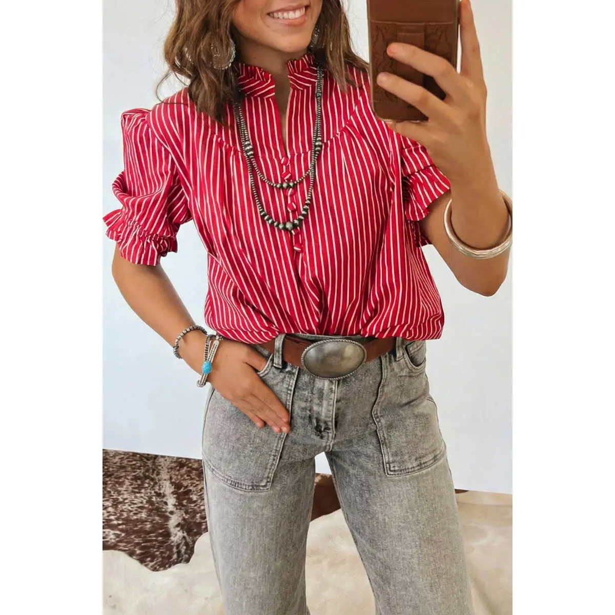 Women's Red Stripe Ruffled Short-Sleeve Button-Front Cotton Blouse, Casual Round Neck Tops for Jeans Pairing, Shortsleeve, Western Clothes, Striped, Women's Tops And Blouses, Western Wear, Shirts, Puff Sleeve