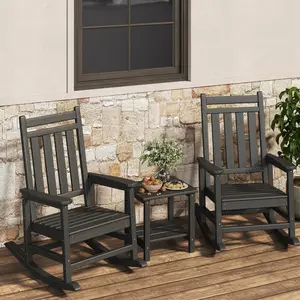 Set of 2 All-Weather HDPE Poly Lumber Rocking Chairs with Side Table, Ergonomic High Back Heavy Duty Adirondack Patio Chairs, 350lbs Capacity Low Maintenance Outdoor Furniture for Porch & Yard