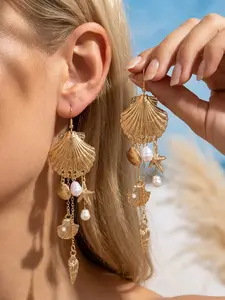 Boho Style Shell Starfish Conch Pearl Fringe Earrings, Plain Design, All Seasons Jewelry, No Choking Hazard, Not Plated with Precious Metal