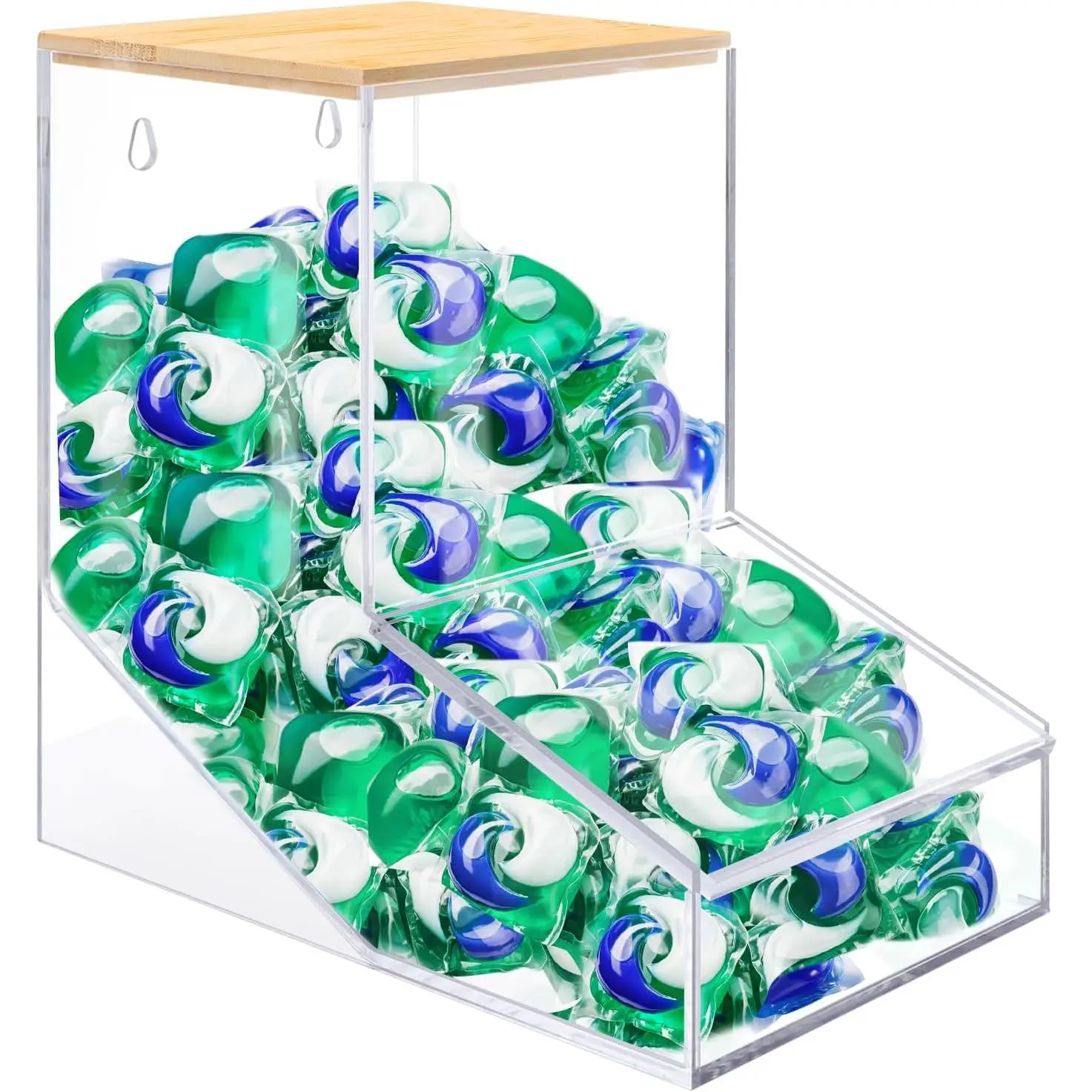JYPS Transparent Acrylic Laundry Pods Holder - Wooden, 8.0" H x 7.8" W x 5.1" L (8x7.8x5.1") Wall-Mountable Organiser with 2 Lids, Bottom Flap, for Home/Bathroom/Kitchen Supplies, Dishwasher Pods, Powder, Dryer Balls, Beads, Soap
