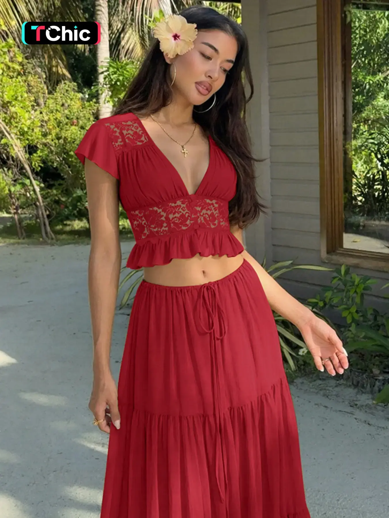 Women Summer Short Sleeve V Neck Tops Long Skirt Beach Vacation Chiffon Two Piece Set Outfit