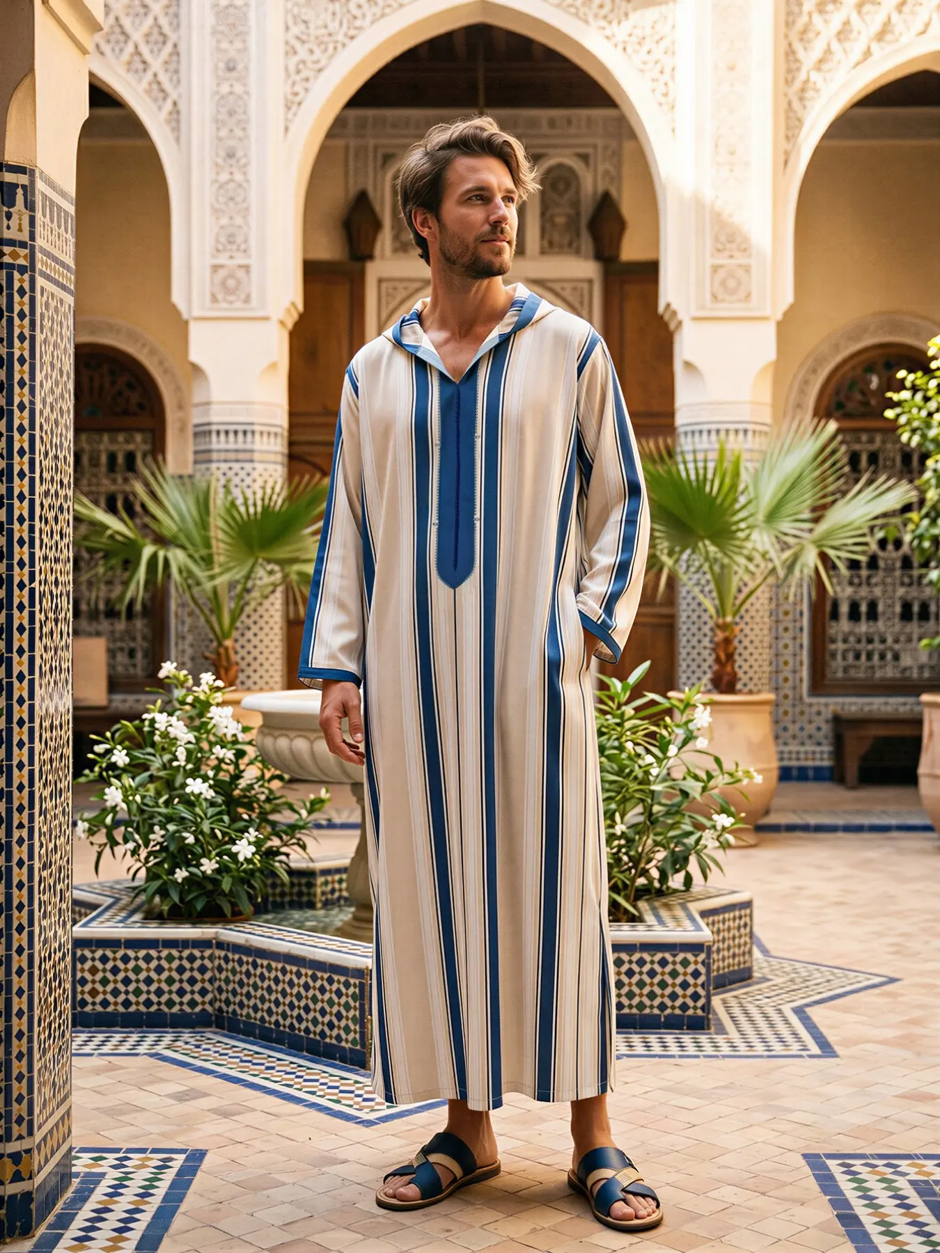 Men's Moroccan Traditional Long Robe, Casual, Loose Fit Jubba, Blue Striped Hooded Robe, Arab Thobe, Eid Al Fitr Gift, Ramadan Festival Attire, Arab Clothing