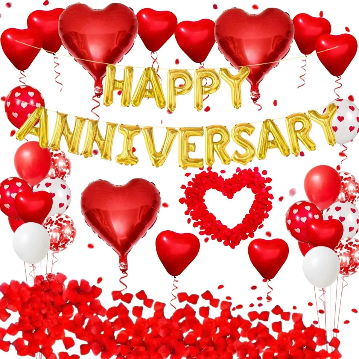 Happy Anniversary Decorations Kit -  Happy Anniversary Banner,  Balloons, 1000 count Red Silk Rose Petals