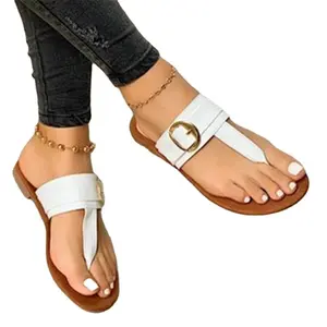 European and American trendy women's summer flip-flop flat sandals, stylish and comfortable with metal buckle decoration, large size slippers