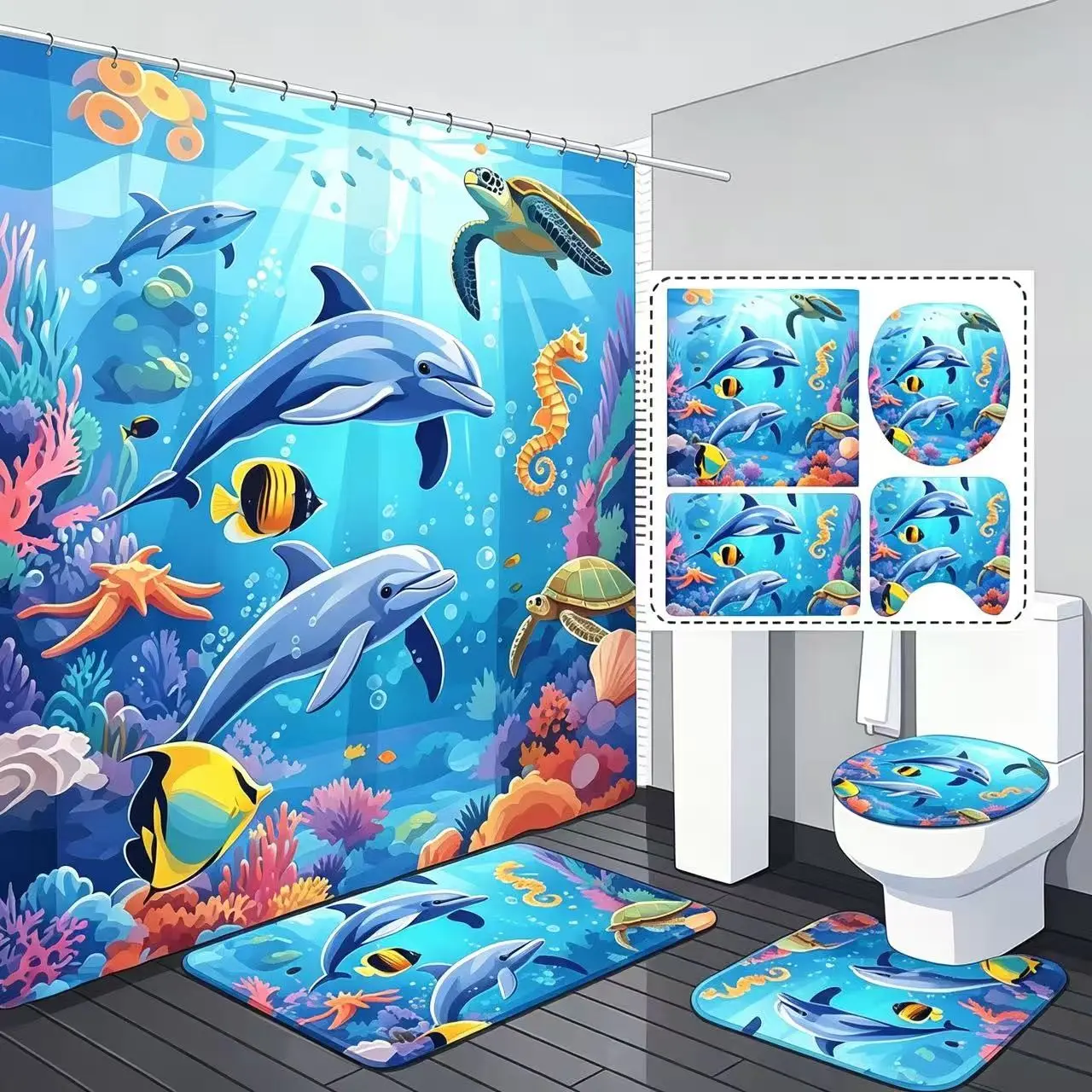 4-Piece bathroom set, marine-themed 2D flat print shower curtain set with rugs, non-slip floor mat and toilet cover - the bathroom decoration with dolphin and tropical fish patterns is exquisite and practical, and it is also a gift for home decoration