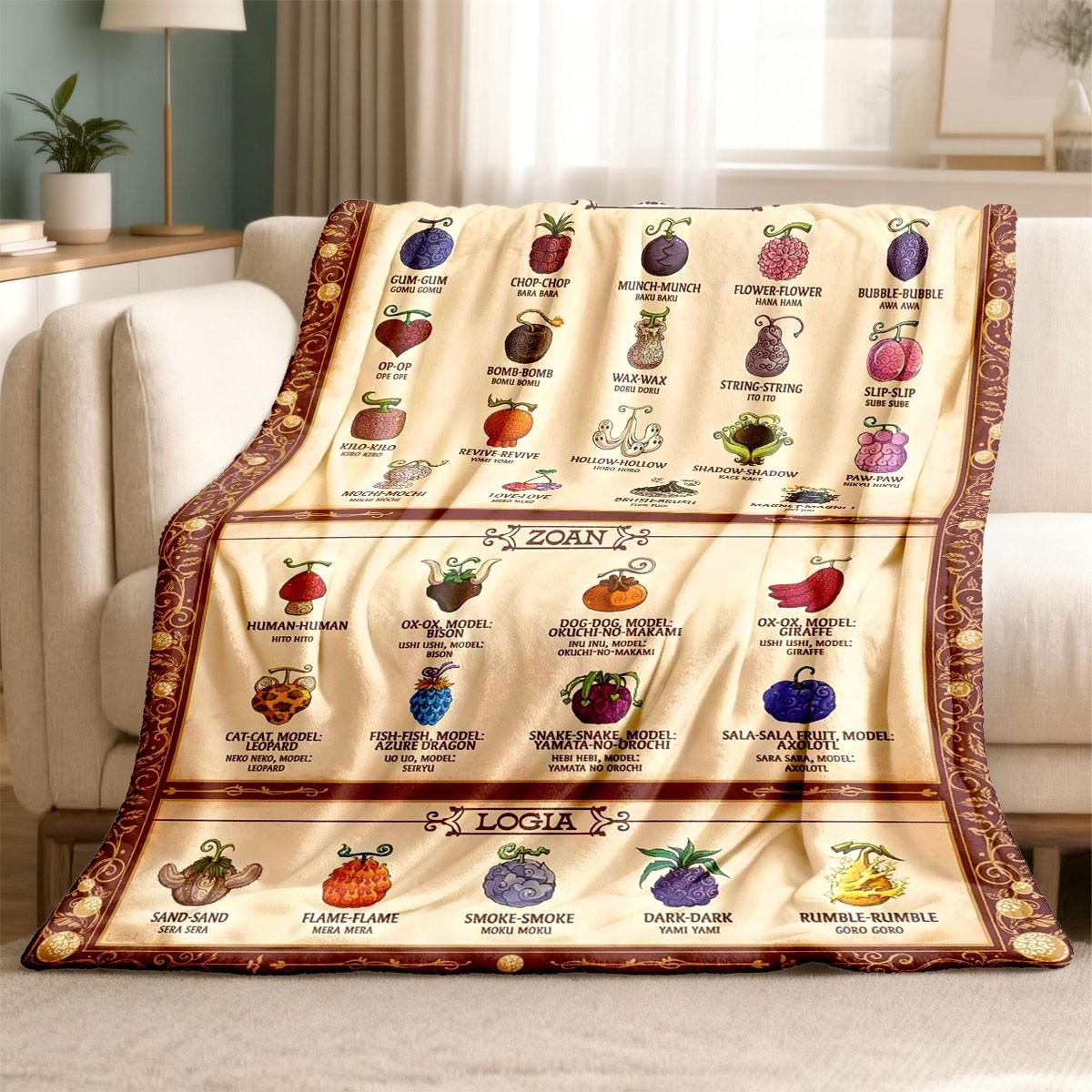 Devil Fruit Theme Flannel Blanket, Large Size, Soft Lightweight Warm, Perfect for Bed Sofa Office Camping Travel, Cozy Throw Blanket, Decorative Giftable Blankets