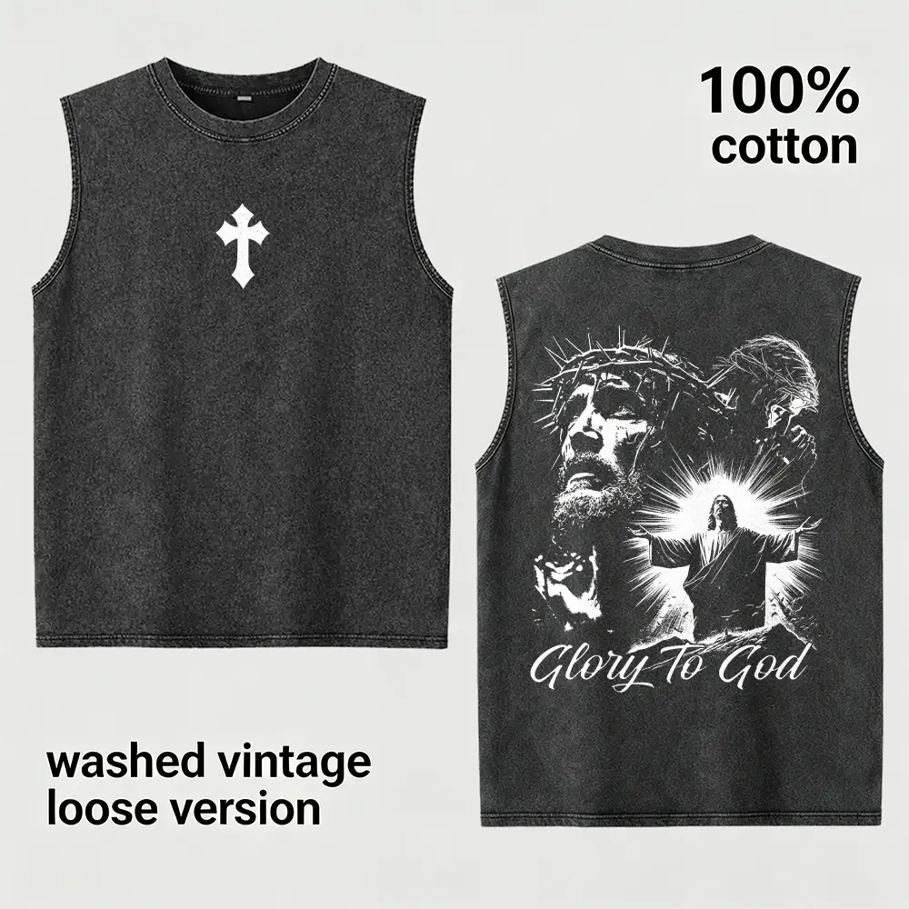Men's Glory To God Jesus Tank Top 100% Cotton Washed Vintage Christian Sleeveless T-Shirt Loose Fit Cross Graphic Streetwear Summer Vest Tee Gift for Boyfriend Husband