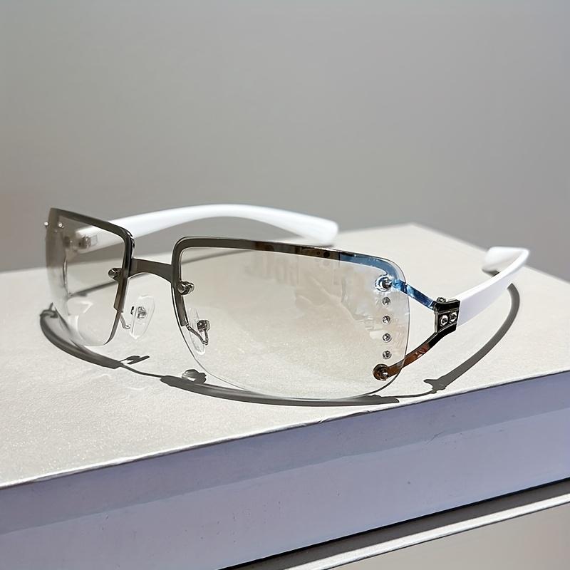 Women's Y2K Cyberpunk Frameless Glasses, Metallic Accents with Decorative Lenses, Lightweight Fashion Eyewear for Bold Style and Modern Aesthetics Trendy Square Cat Eye Sunglasses Oversized Aviator nighttime yellow tint Rectangle Sunglasses cute