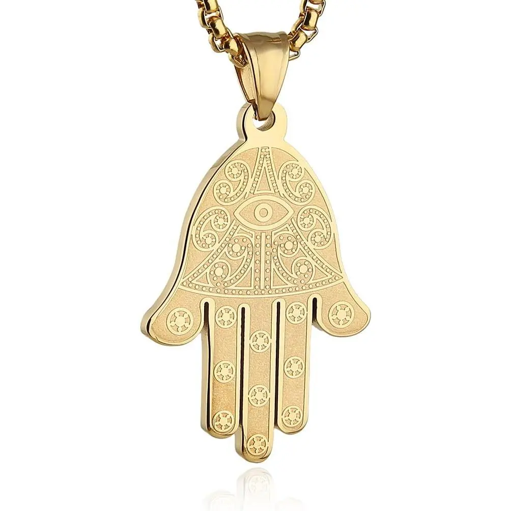 Stainless Steel Hamsa Hand Pendant Necklace with 4.2cm x 2.5cm Engraved Eye, Ancient Egyptian Style Black Eye Motif Jewelry for Success & Protection, Egypt-Themed Fashion Accessory, Black Eye Motif Necklaces