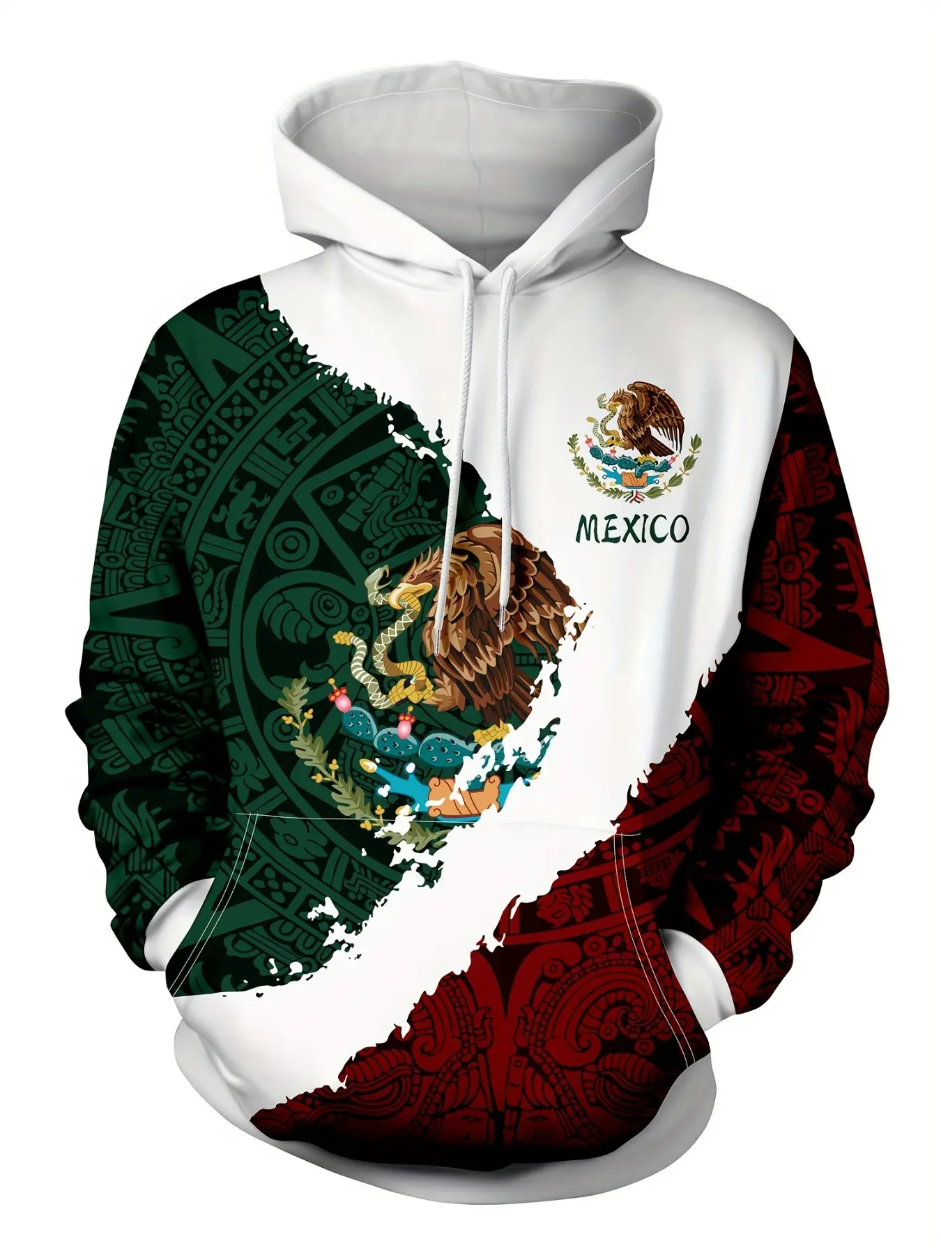 Mexico Flag Three-Color Ripped Design Long Sleeve Hoodie, Aztec Mayan Totem Digital Print, Casual Loose-Fit Unisex Jacket for Spring & Fall