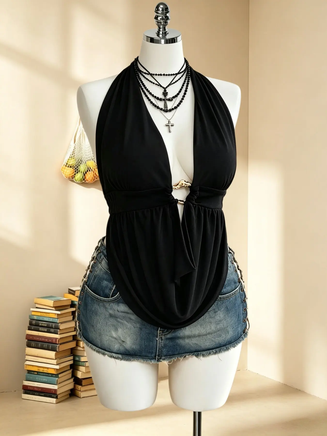 Plus Size Women's Halter Neck Deep V Top, Versatile Sexy Metal Buckle Vest, Slim-Fitting Plain Surface, All Seasons Unlined