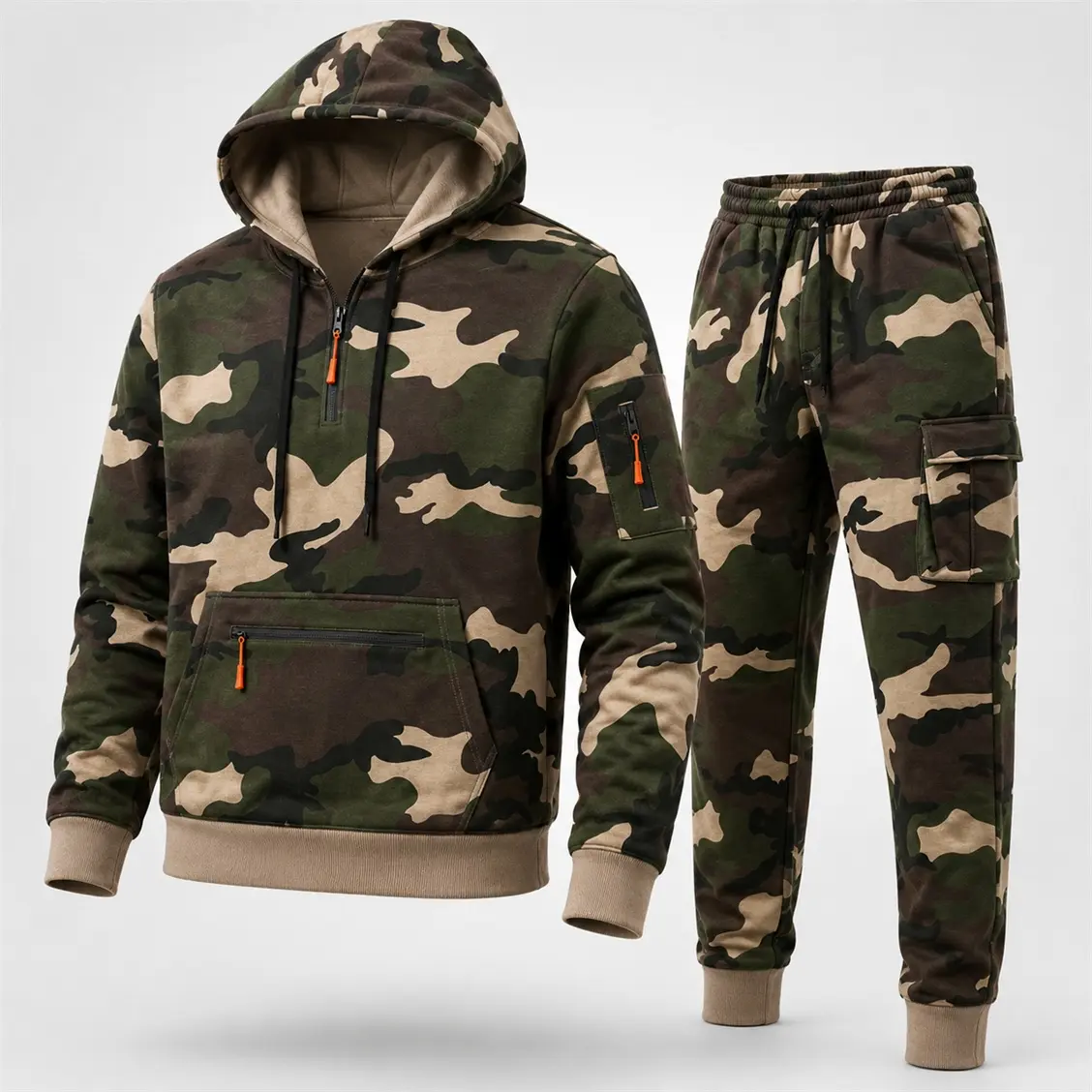 Men’s Camo Hoodie & Cargo Jogger Set, 2 Piece Long Sleeve Pullover Sweatshirt and Cargo Pants Outfit, Casual Streetwear Tracksuit for Fall Winter, Outdoor Daily Wear