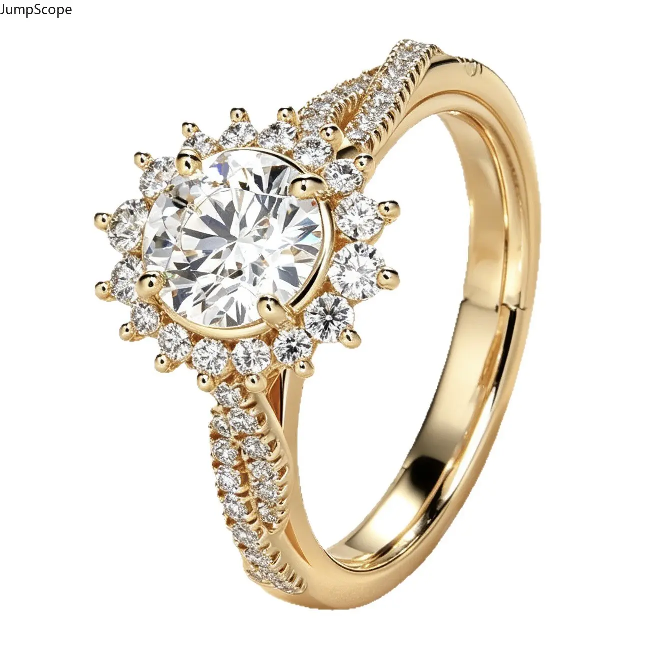 14K Vintage Gold Plated Round Sunburst Star CZ Halo Ring For Women, Dual Intertwined Full Pave Milgrain Solitaire Vintage Royal Stackable Engagement Wedding Band For Gala Anniversary Formal Wear