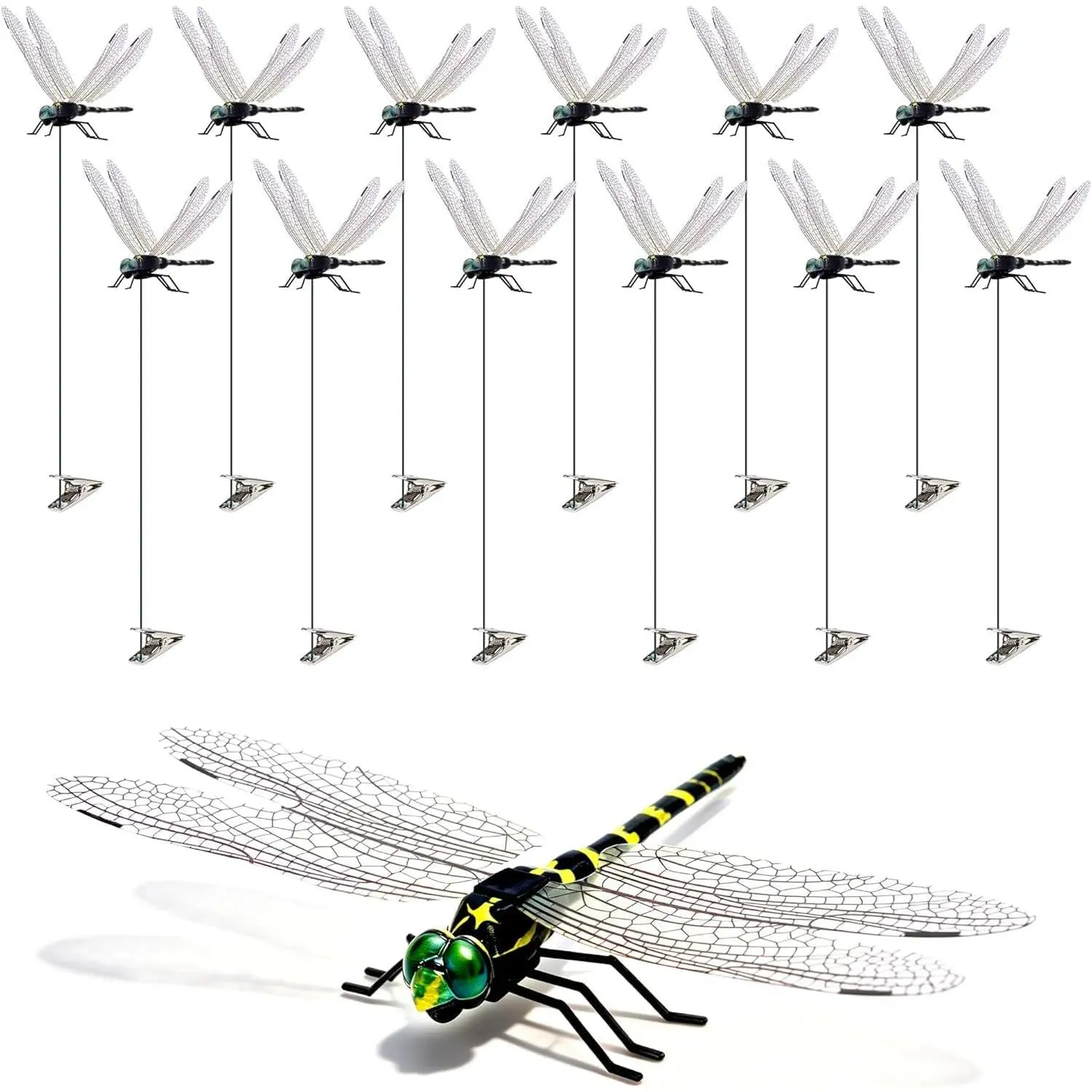 12 Pack Realistic 3D Dragonfly Clips, Fake Dragonflies with Stakes for Garden Decor, Fly Deterrent Outdoor Decorations for Patio, Yard, Hats, Pets and Horses
