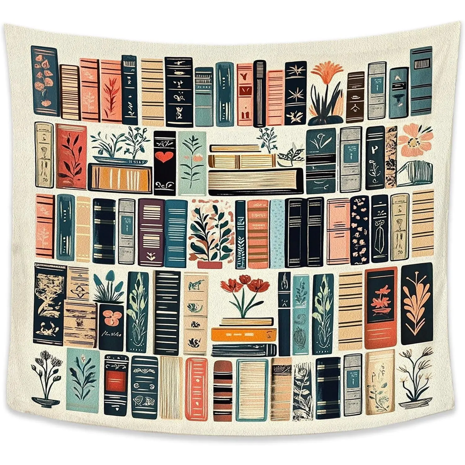 Exqcom Vintage Floral Bookshelf Tapestry, Antique Retro Flower Botanical Library Tapestries Wall Blanket for Home Living Room Reading Room Decor, 50x60 Inch