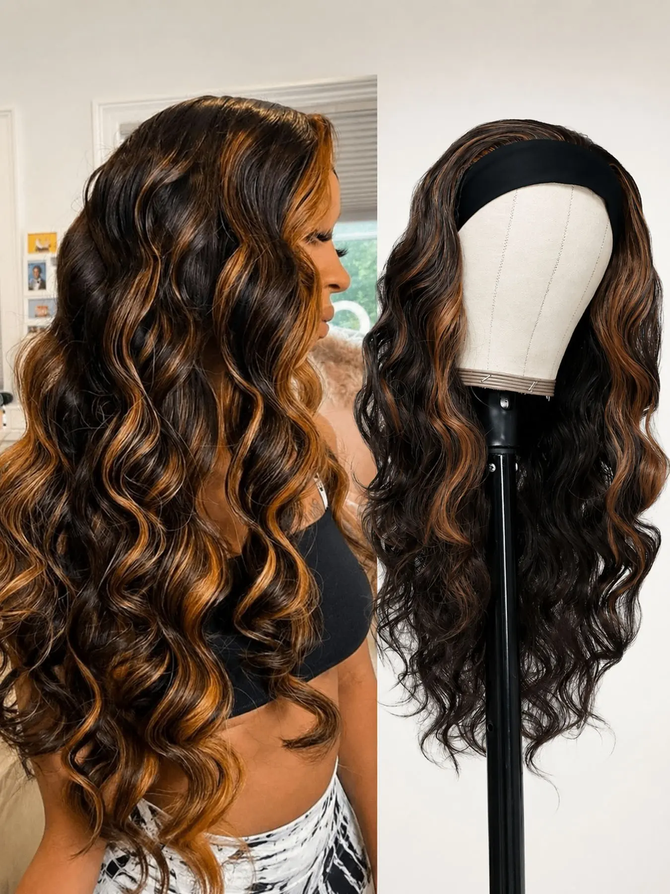 Long Wavy Headband Wig for Women, Wigs with Blonde Highlights, Synthetic Wig for Party and Daily Use, No Glue Wig for All Seasons