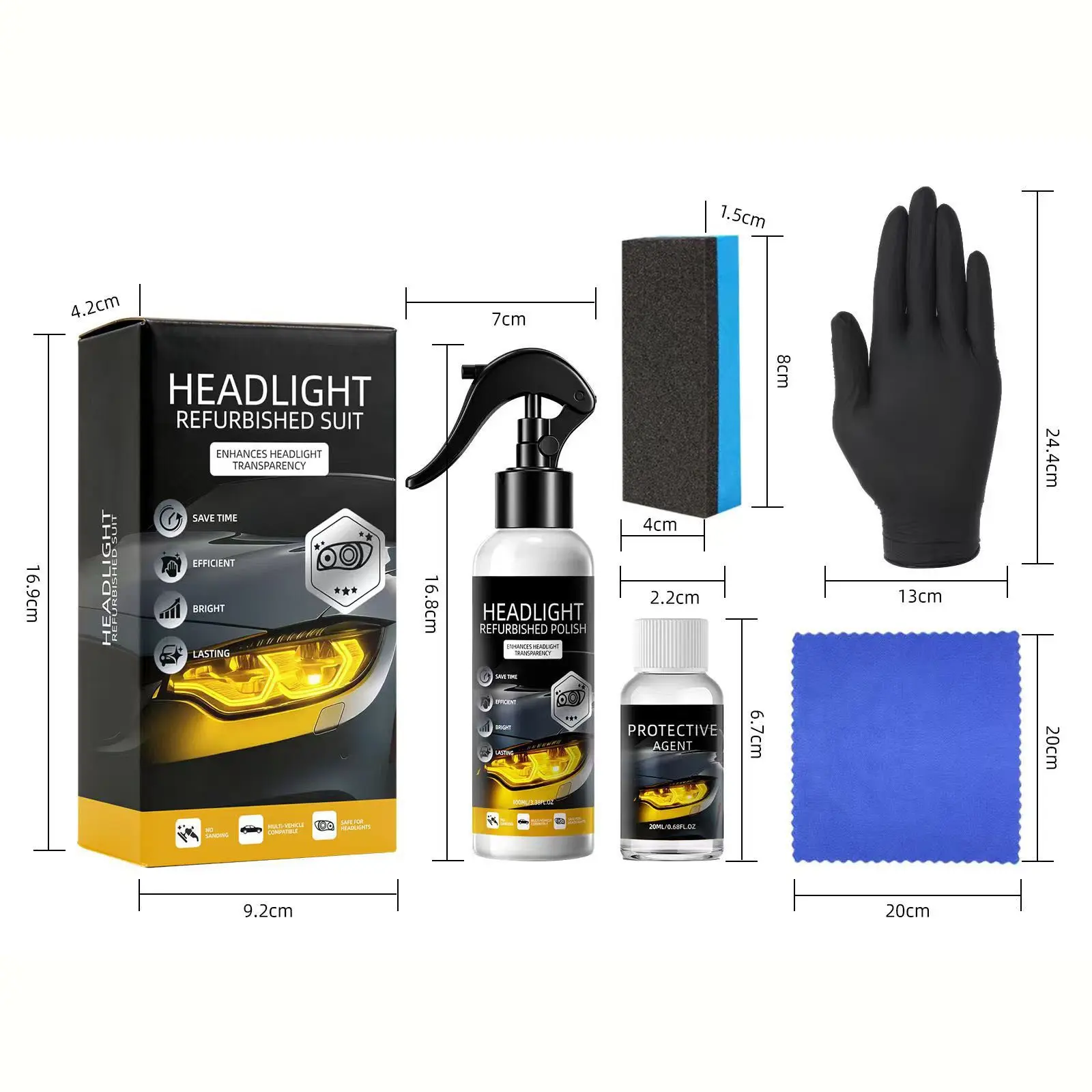 Headlight Restoration Kit, No Sanding, UV Protection, Efficient 3-Step Repair, Clears Yellowed, Oxidized, Foggy Lenses, Long-Lasting Shine, Protective Agent, Headlight Polishing Agent