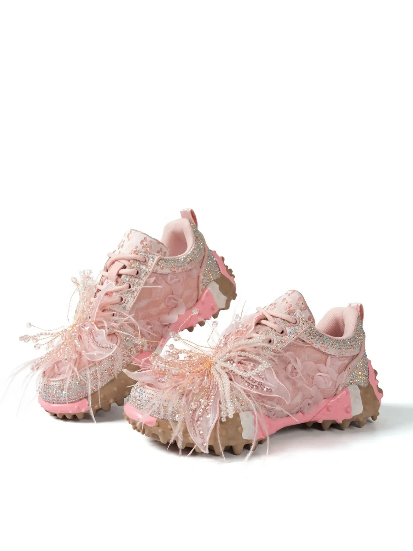 Dreamy Dad Shoes, Lace Feather Rhinestone Design, Lightweight Breathable, Youthful Eye-Catching, Student Party Casual Shoes, Trendy Shoes, Casual Sneakers, Casual Trainer Footwear