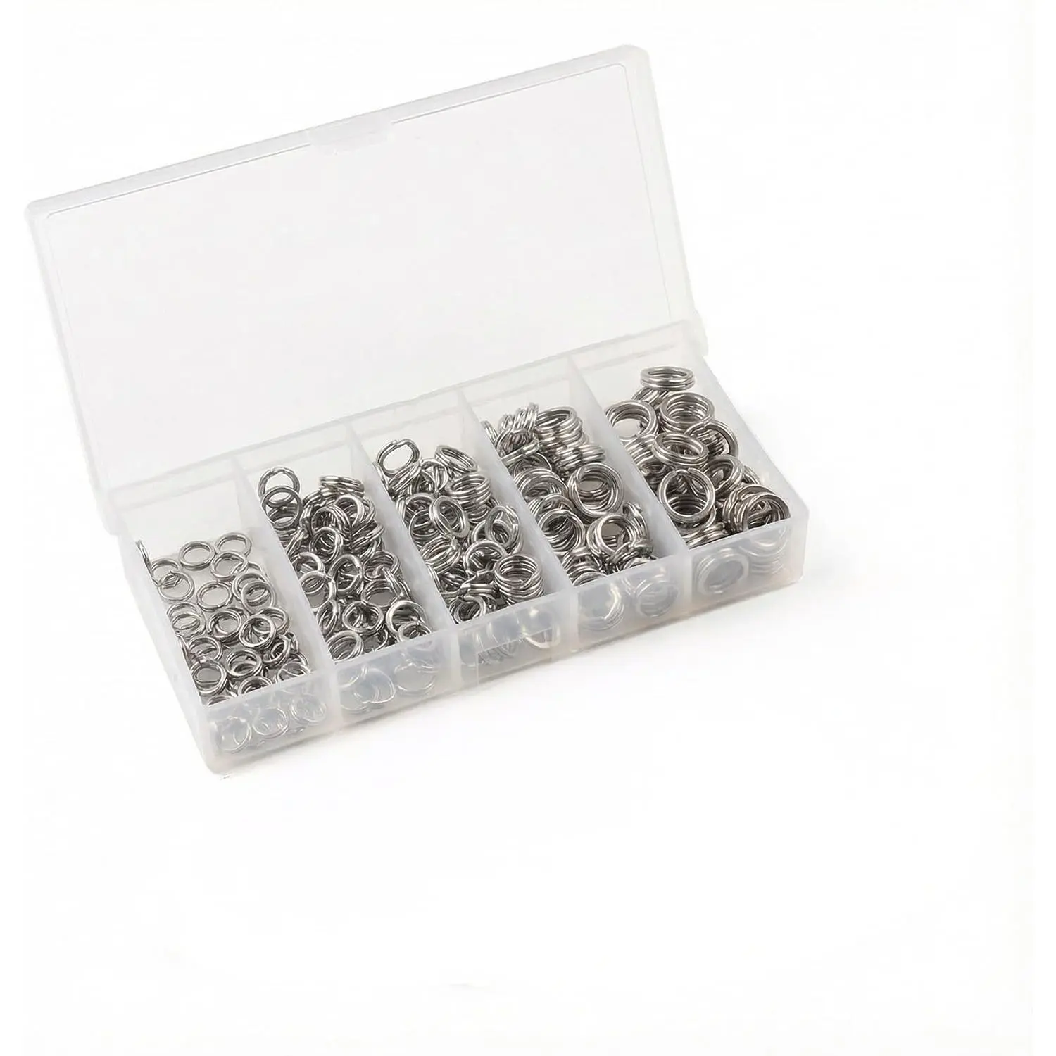 200 count Fishing Split Rings, Stainless Steel Lure Connector Rings in 5 Sizes, High-Strength Double Loop Rings for Lures, Hooks, Saltwater and Freshwater Fishing, Storage Box Included