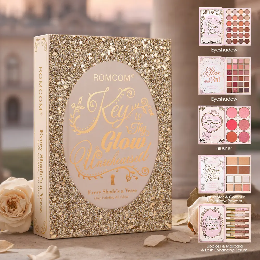 Portable golden makeup palette set with eyeshadow, blush, contour and lip products. Foolproof shades for beginners to make stylish makeup, ideal daily carry-on cosmetic for work and trips.