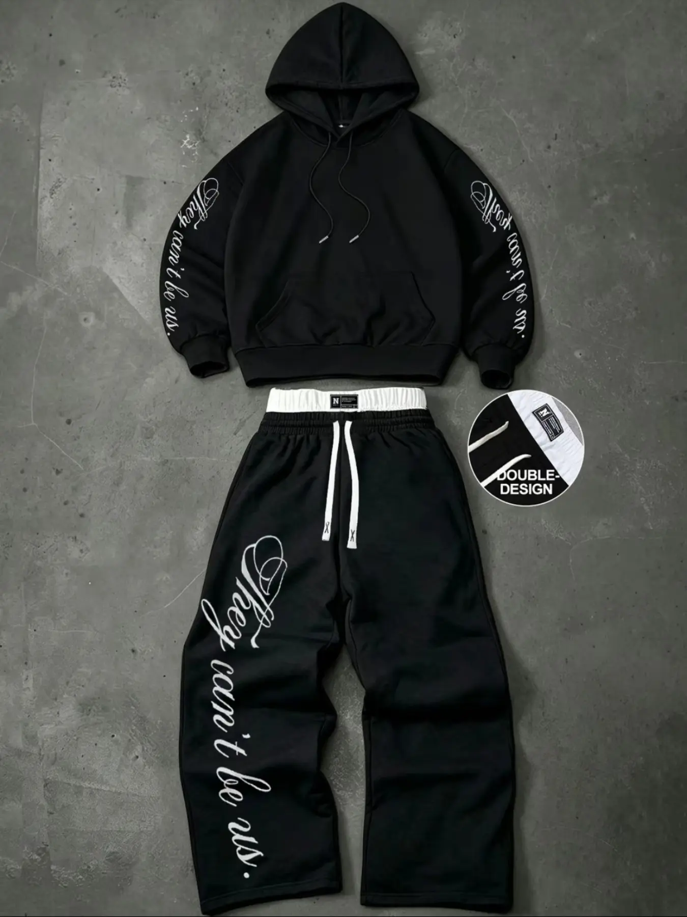 Short Hoodie Set with Wide Leg Pants, Graphic Handwritten Font, Colorblock Waistband, Soft Fabric, Unisex Street Style