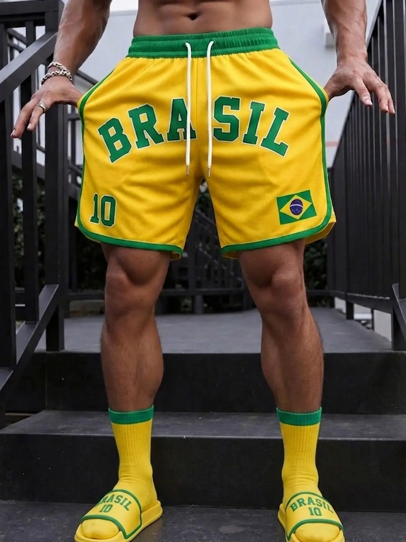 Men's Shorts, Athletic, Graphic Letter Brazil Print, Street Style, Outdoor, Party, Casual, Fitted, Mid Waist, Drawstring Waist, Comfortable, Spring Fall, Polyester Track Shorts