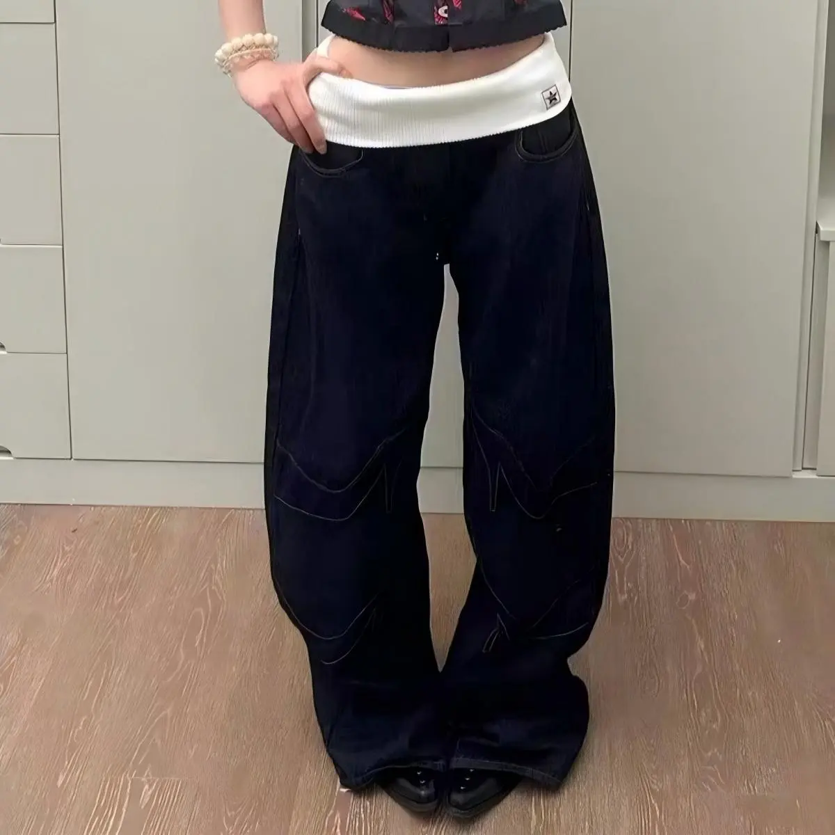 Low Rise Baggy Jeans for Women, Dark Wash Wide Leg Denim Pants,Revice Y2K Streetwear, Black Jeans,Camouflage Jeans, Flared Pants,Womenswear