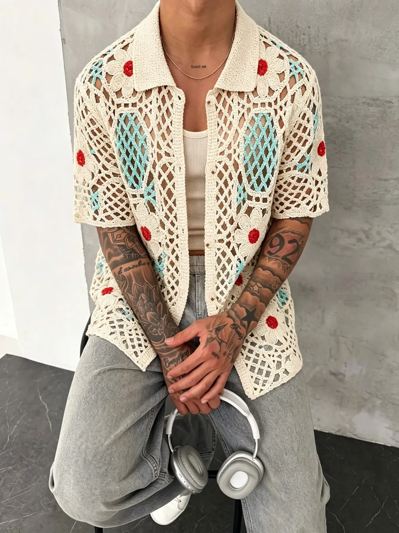 Vacation Pattern Knit Shirt, Casual Streetwear Top, Unisex Open Front Sweater, Spring Summer Essential, Versatile Inner Outer Wear