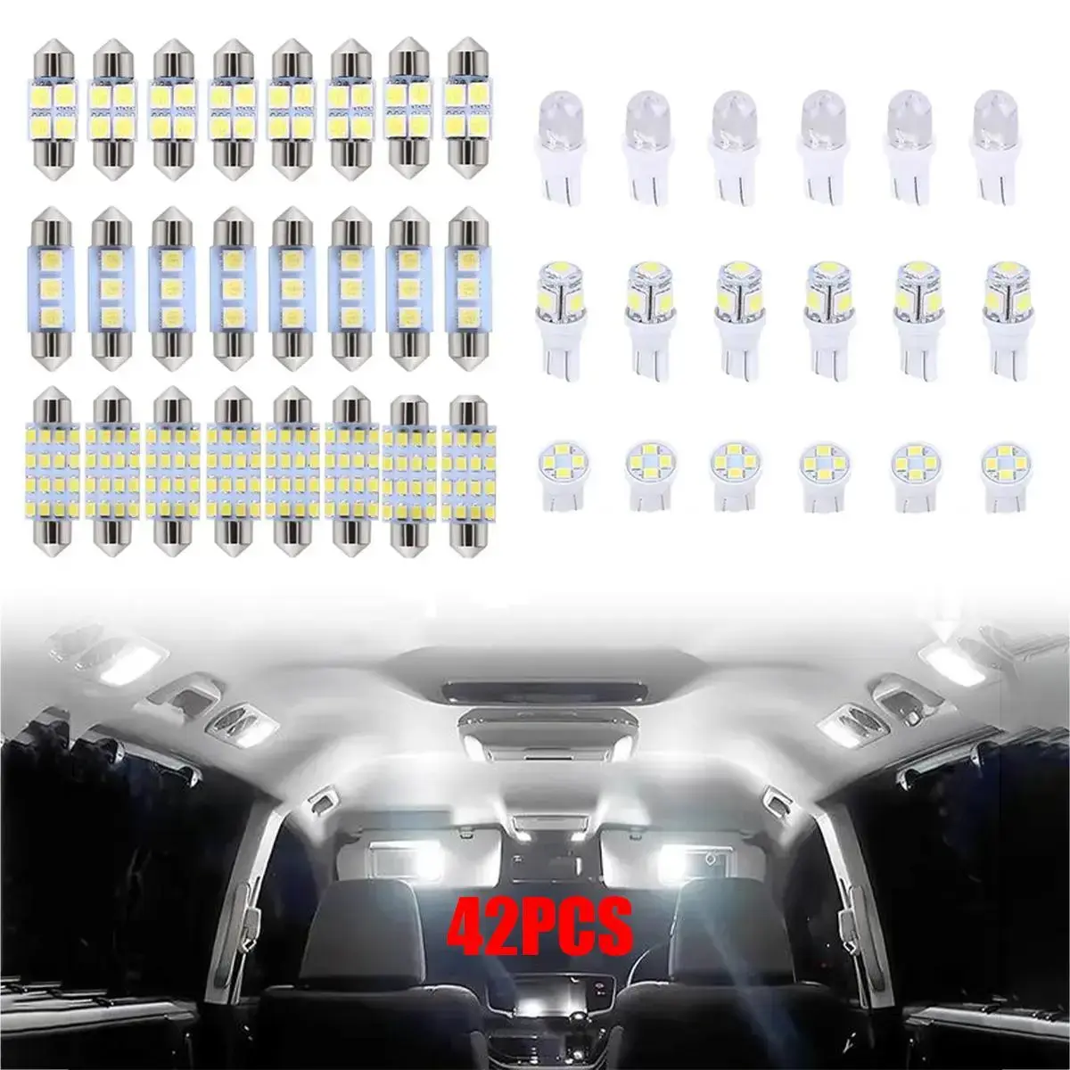42-Piece Super Bright White Interior Car Lights Bulbs Kit - DE3175 T10 31mm 41mm 194 LED Chip Multi-Size Bulbs for Cars/Trucks/SUV, Dome Map Tail Cab Width Lamp Vehicle Accessories